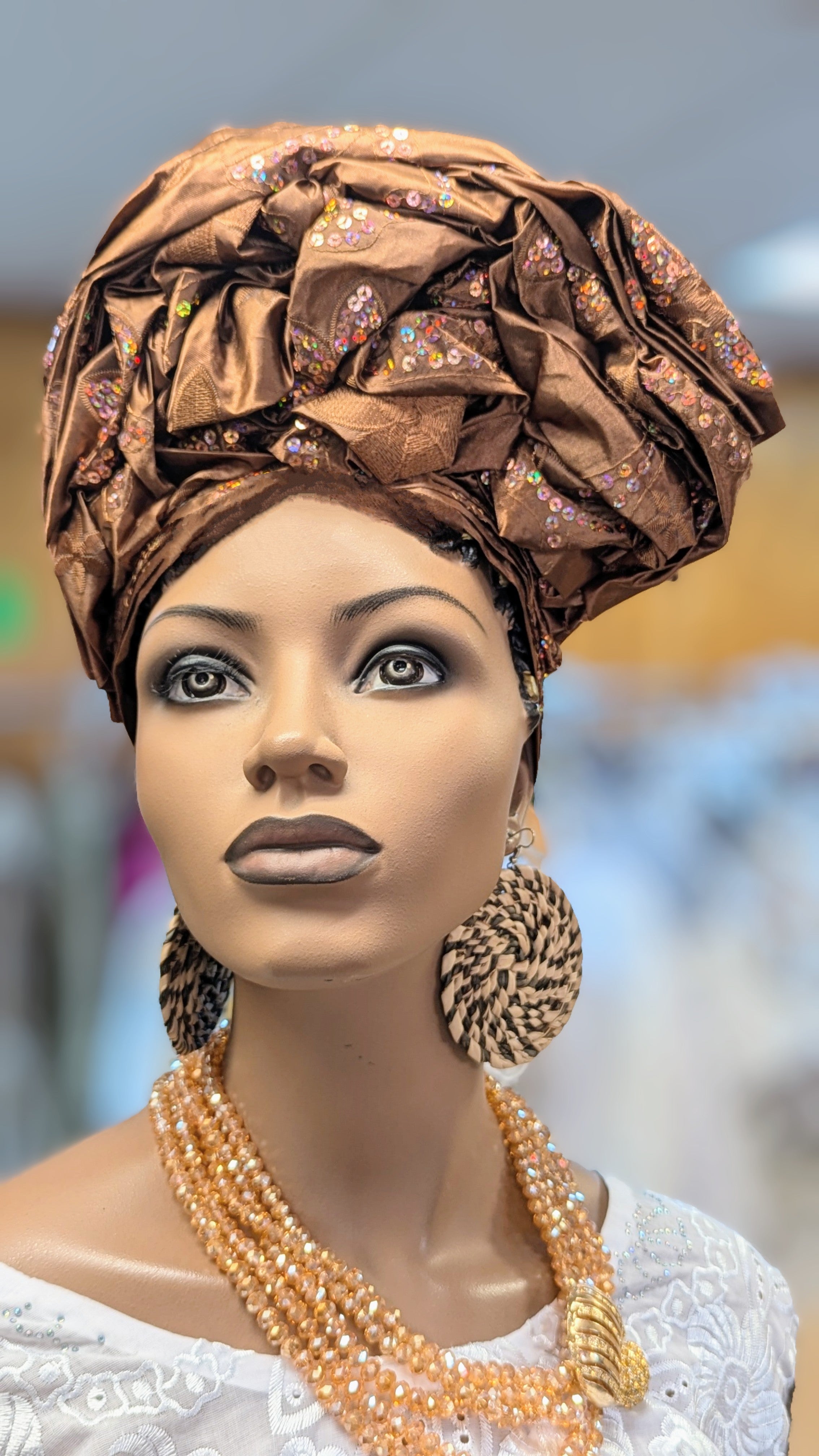 Dupsie's Iyomide Coffee Brown Autogele Pre-Tied Ready Gele Head Wrap Hat - Elegant African Headpiece for Weddings, Church & Special Occasions (DPAGHCB22)