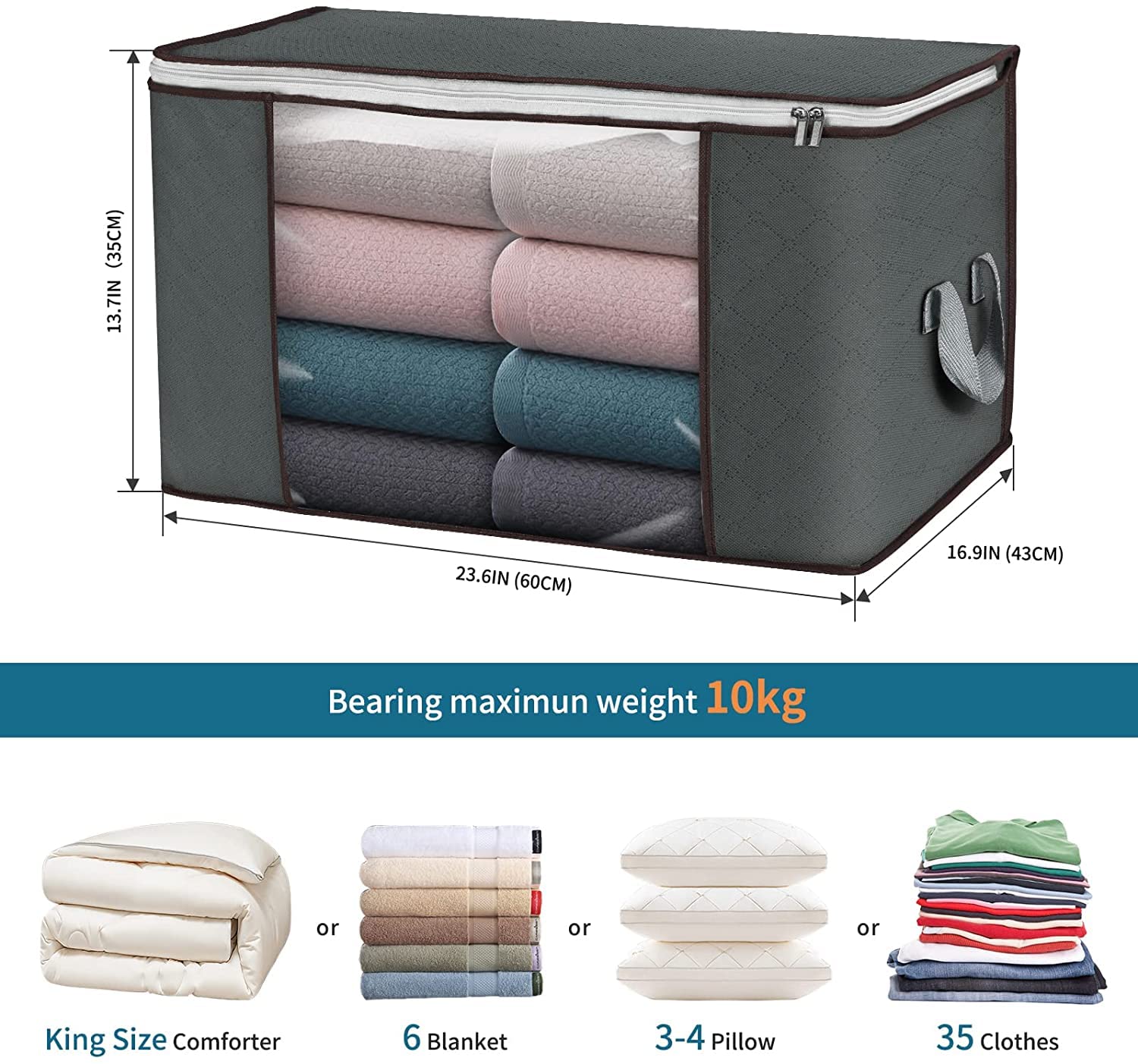 Large Storage Bags 8-Pack - Foldable Closet Organizer Bins with Durable Handles, Thick Fabric Storage Containers for Blankets, Comforters, Clothing & Bedding (90L, Gray) - Perfect for Seasonal Storage, Closet Organization & Home Decluttering