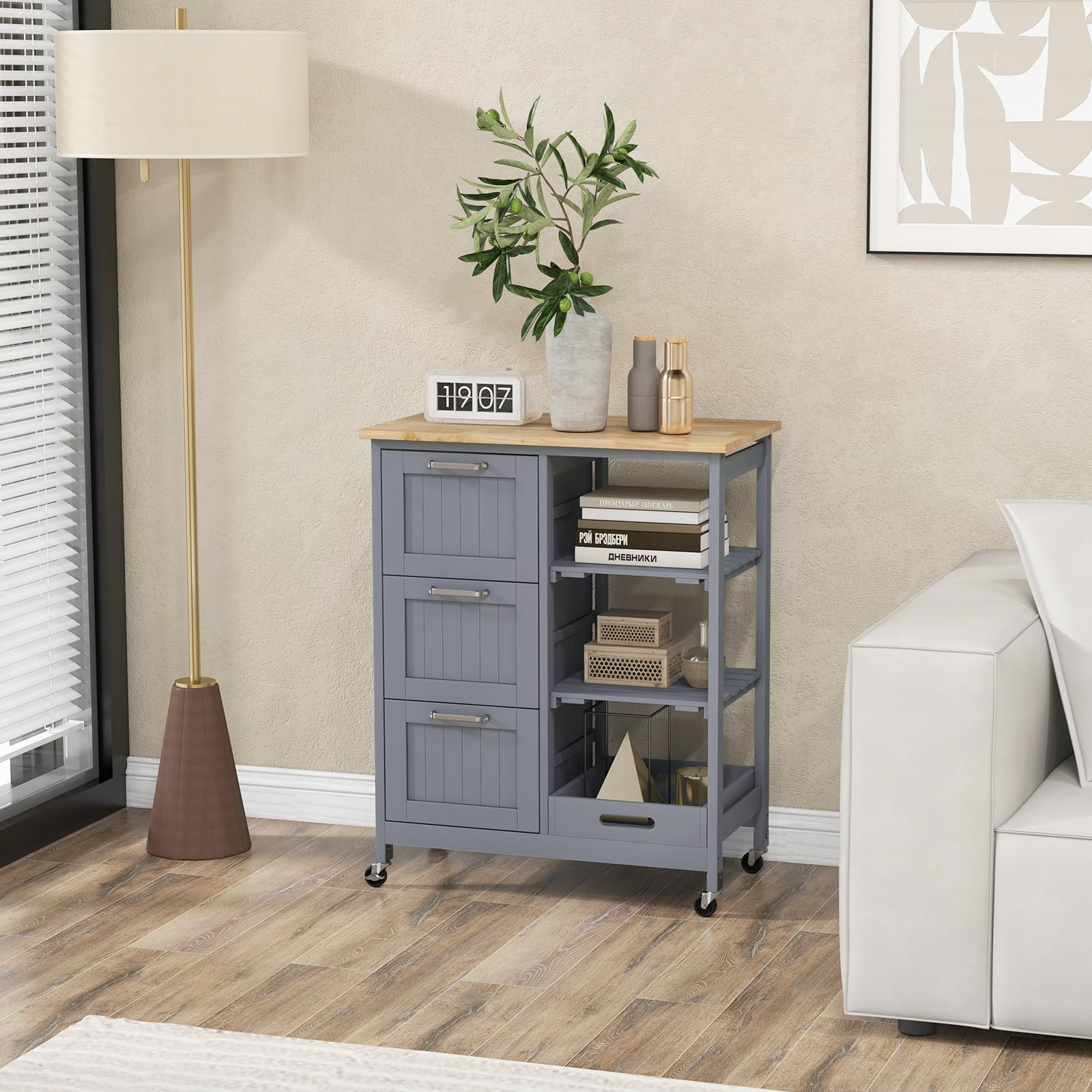 GOFLAME Kitchen Island Cart on Wheels with Storage - 3 Drawers, Wood Countertop & Removable Tray | Lockable Casters Mobile Serving Cart for Kitchen, Dining Room, Office | Perfect for Small Spaces, Entertaining & Extra Counter Space (Grey)