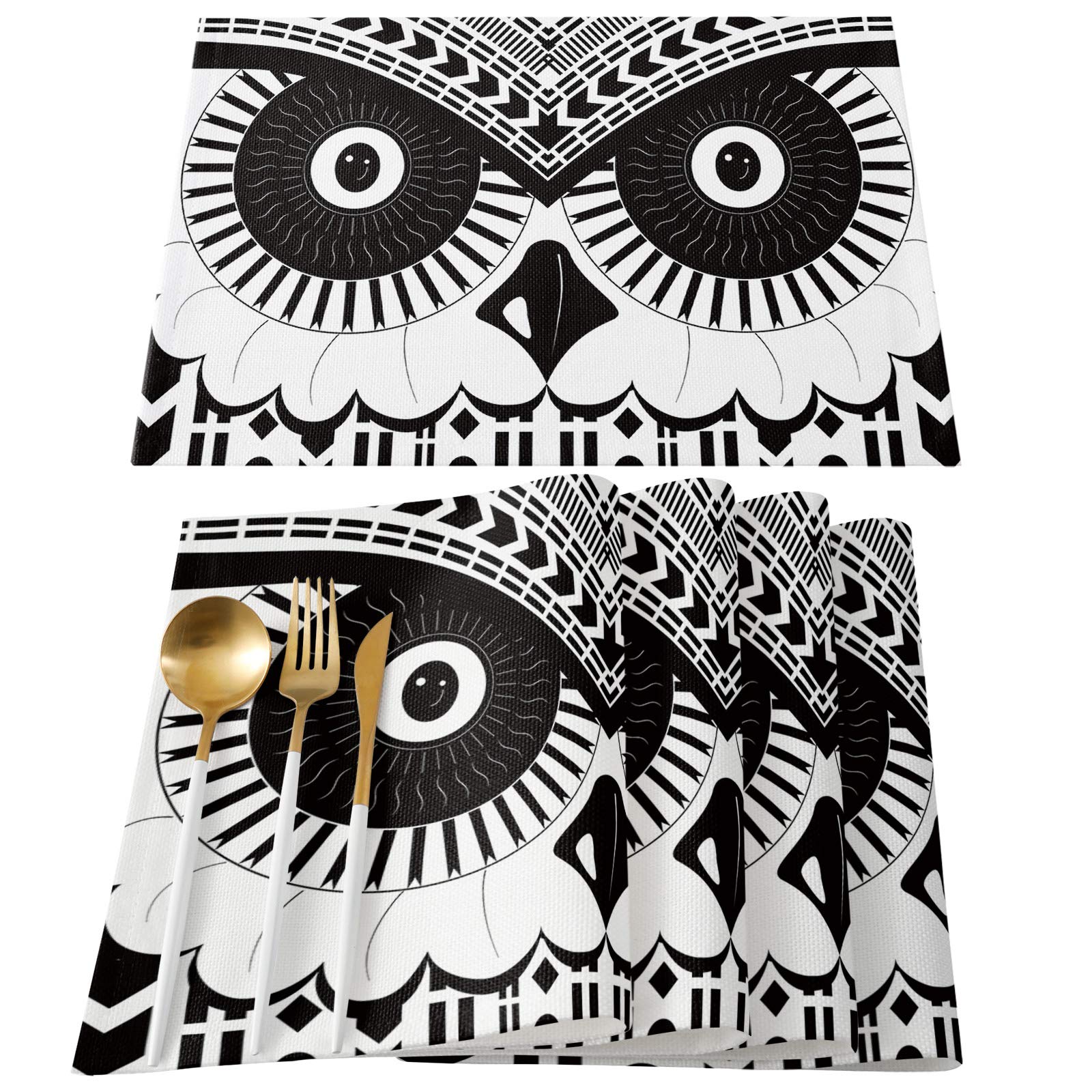 Owl Abstract Geometric Placemats Set of 6 - Cotton Linen Table Mats for Dining & Kitchen - Washable, Heat-Resistant, Non-Slip Table Decor (13x19 Inch) - Perfect for Holiday Dinners, Breakfast Settings & Home Decor