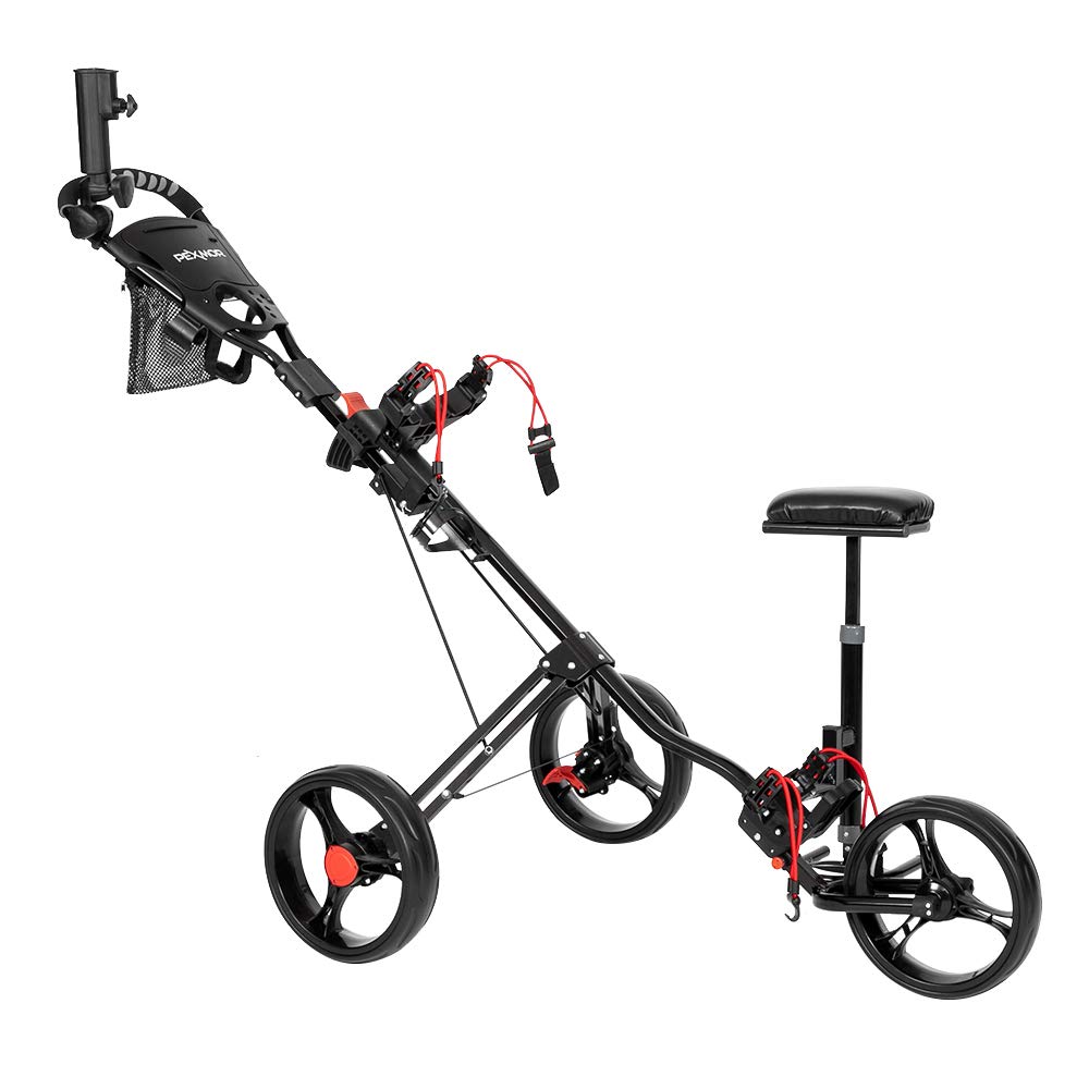 PEXMOR 3 Wheel Foldable Golf Push Cart with Detachable Seat, Foot Brake & Umbrella Holder - Lightweight Golf Bag Caddy with Cup Holder & Scoreboard - Perfect for Walking Golfers on Course or Practice Range