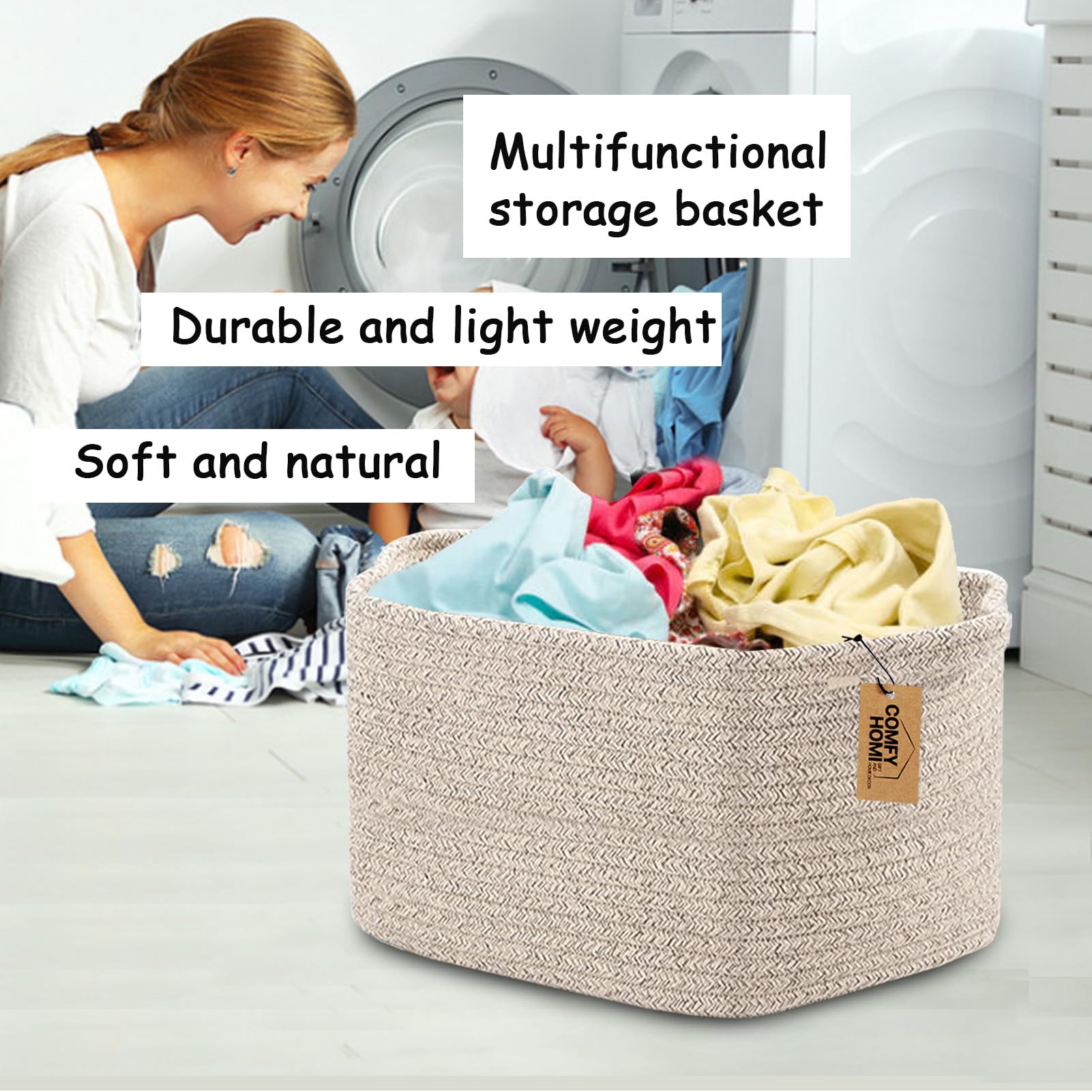 COMFY-HOMI Woven Storage Baskets - Cotton Rope Organizer Bin for Shelves, Toys, Towels & Home Organization - All Brown | Perfect for Nursery, Bathroom & Living Room Storage Solutions