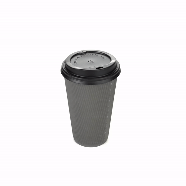 16 oz Gray Paper Ripple Wall Coffee Cups with Black Lids - 20 Count Box (3.5