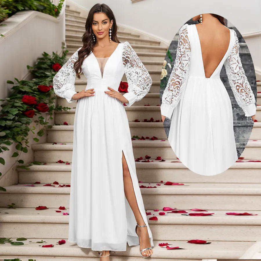 Elegant White Chiffon Long Sleeve Backless Evening Dress for Wedding Guest - Perfect for Formal Events, Parties & Special Occasions