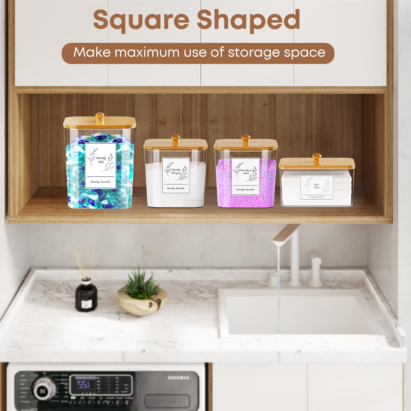 4 Pack Clear Plastic Laundry Pods Container & Dryer Sheet Holder - Square Laundry Room Storage Jars with Lids, Scoops & Labels for Detergent, Powder, Dryer Balls & Beads - Perfect for Organized Laundry Room, Closet & Utility Room Storage