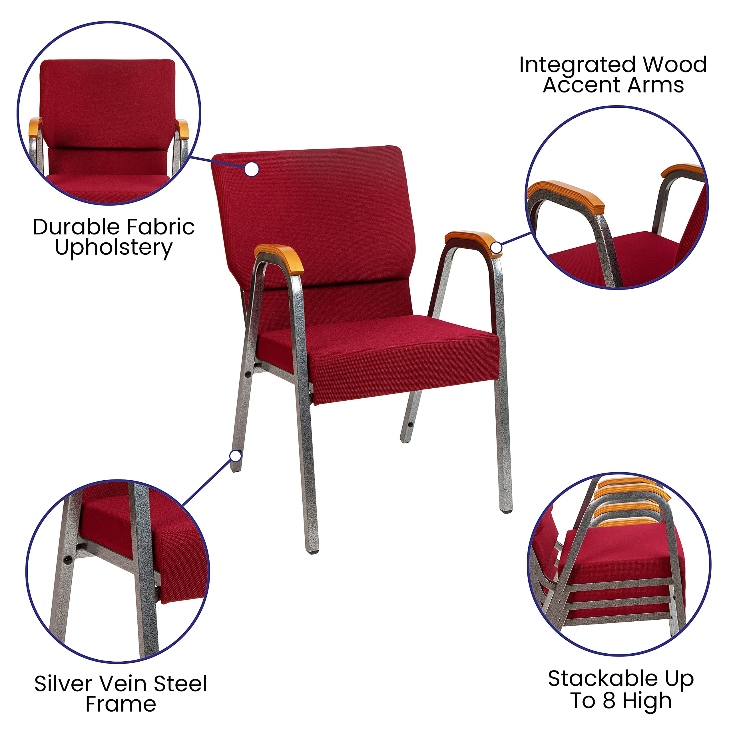 EMMA + OLIVER 21 Inch Stackable Church Chairs with Arms - Burgundy Fabric & Silver Vein Metal Frame - Perfect for Weddings, Events, and Church Gatherings