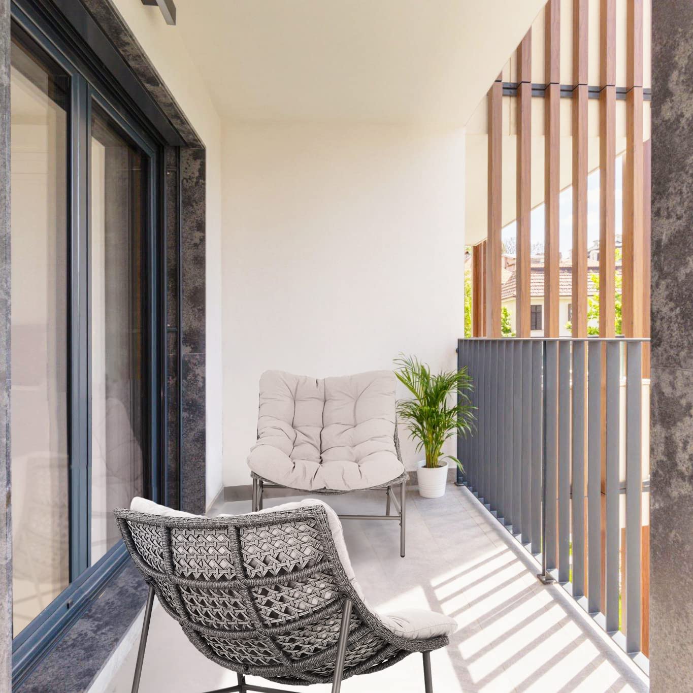 PHI VILLA Outdoor Papasan Chairs Set of 2 - Oversized Wicker Rattan Conversation Chairs with Cushions & Sturdy Steel Frame - Comfy Reading Lounge Chairs for Patio, Porch, Deck, Balcony & Garden - Perfect for Relaxing, Sunbathing & Outdoor Conversations