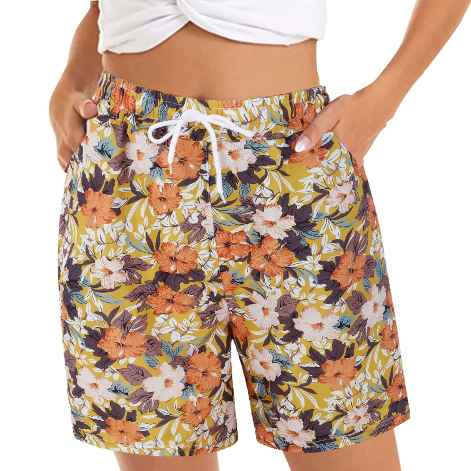 Plus Size Women's Chafing Shorts - Elastic Waist Floral Print Summer Casual Shorts for Beach, Running, Yoga & Travel