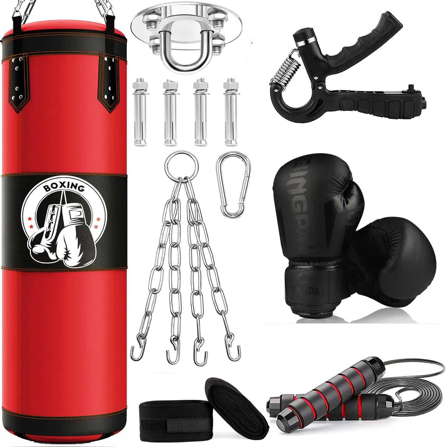 Best Hanging Punching Bag for Adults - Unfilled PU Boxing Bag Set with Gloves, Wraps, Chain & Hook for MMA, Karate, Taekwondo, Muay Thai - Perfect for Home Gym Training & Combat Sports Practice