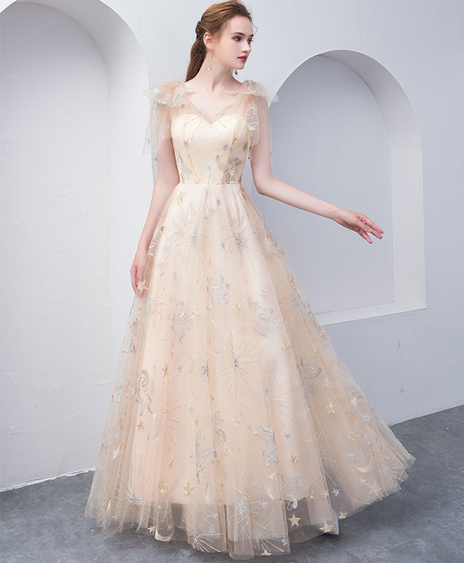 Elegant Champagne Tulle V-Neck Long Prom Dress & Evening Gown for Formal Events, Weddings, and Special Occasions