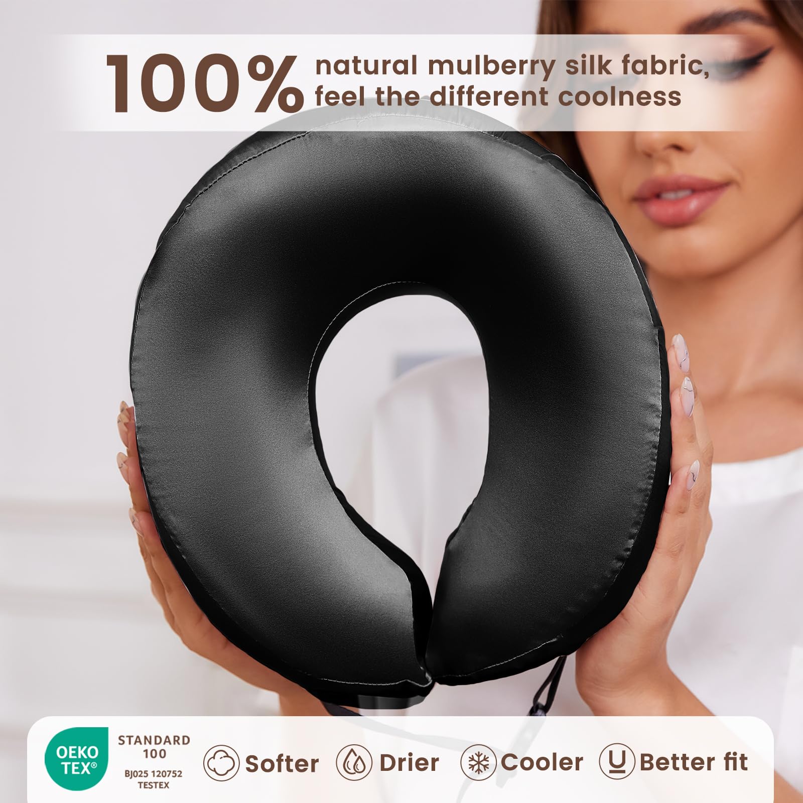 THXSILK 100% Mulberry Silk Travel Neck Pillow with Memory Foam - Airplane Sleeping Pillow for Head & Neck Support - Includes Storage Bag (Black) | Perfect for Long Flights, Road Trips & Office Naps