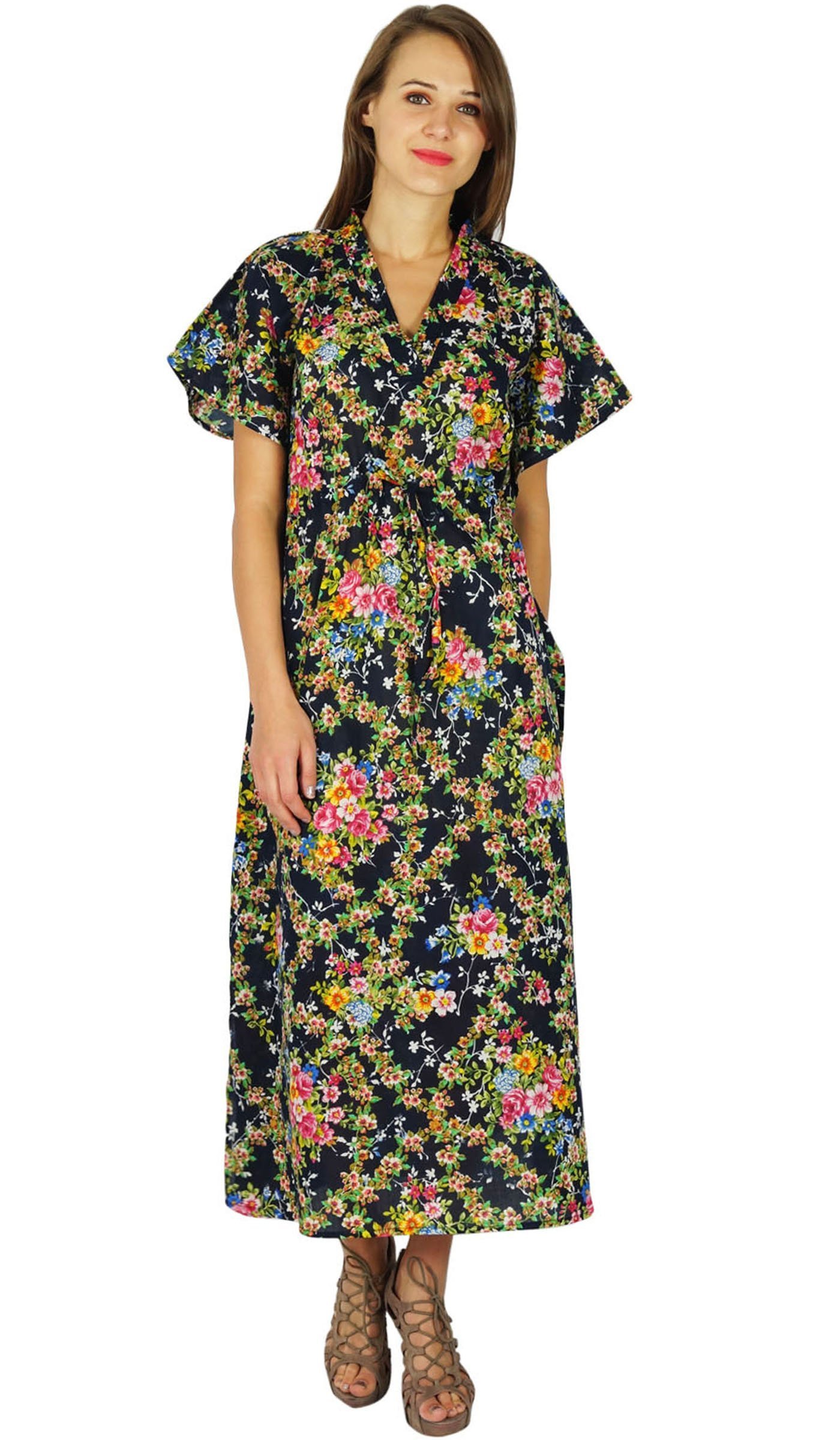 Printed Long Boho Kaftan Dress for Women - Flowy Kimono Sleeves Loungewear Cover Up - Blue and Green Floral Design - Perfect for Beach, Pool, Vacation & Summer Outfits