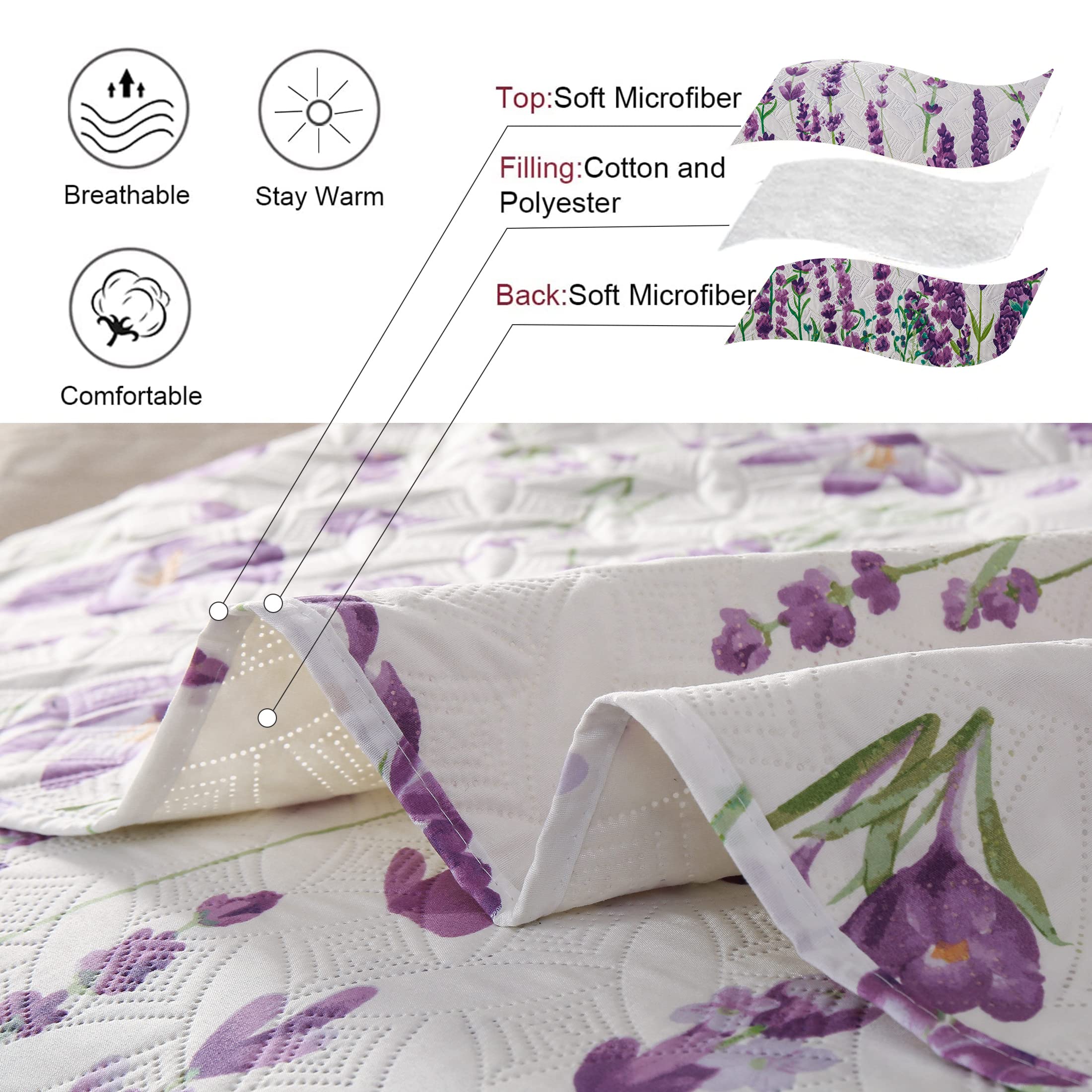 **Queen Size Floral Quilt Set - Lightweight Reversible Summer Bedspread with Green Leaves & Purple Flowers - Soft Home Bedding for Cozy Nights & Guest Rooms**