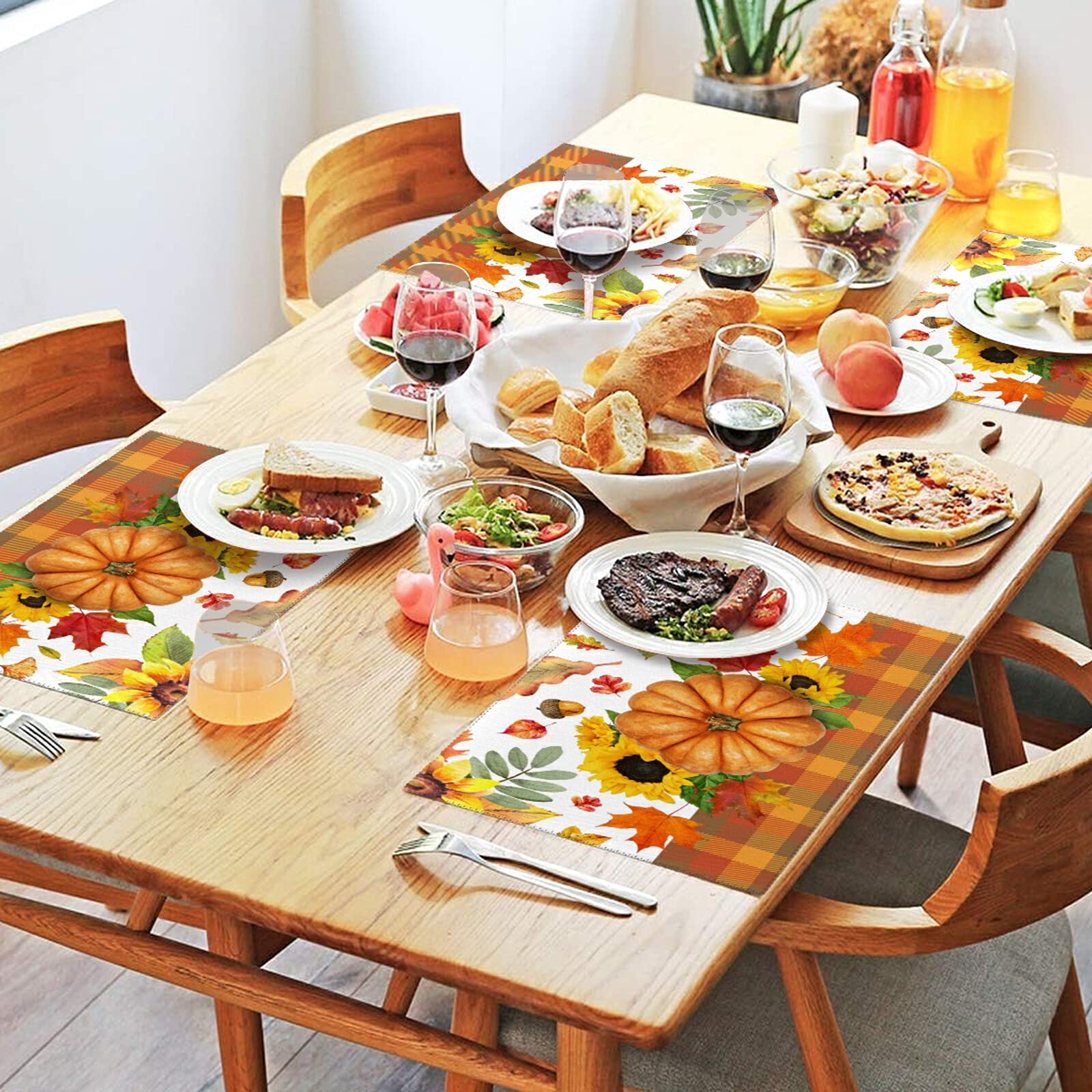 Thanksgiving Placemats Set of 6 - Plaid Sunflower Maple Pumpkin Design | Non-Slip, Heat-Resistant & Washable Table Mats | 12