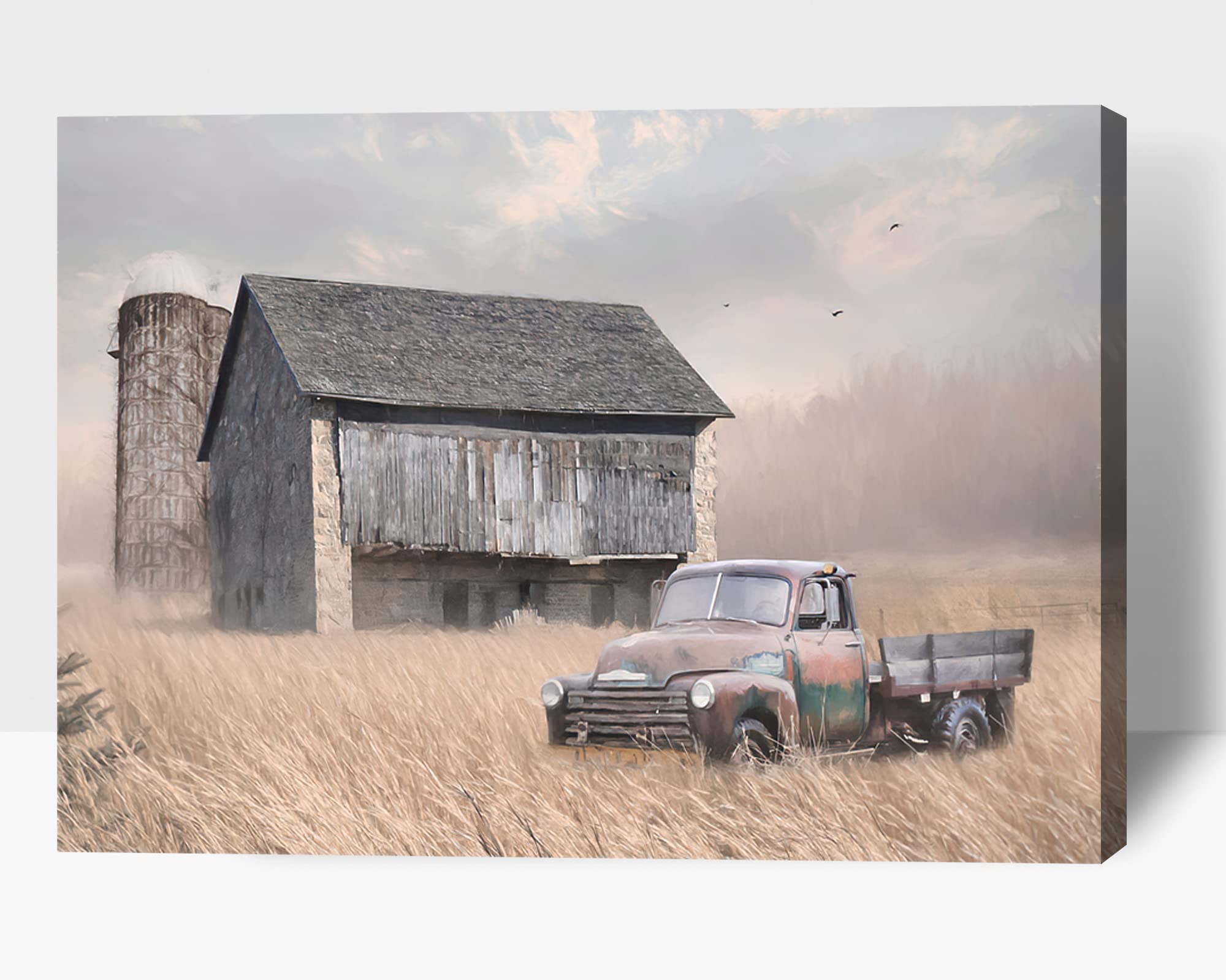 Vintage Truck Canvas Print - Rustic Barn Wall Art for Farmhouse Decor, Framed Country Painting, Old Truck & Barn Landscape Artwork (28x40 Inches) - Perfect for Living Room, Bedroom, Office or Country Style Home Decor