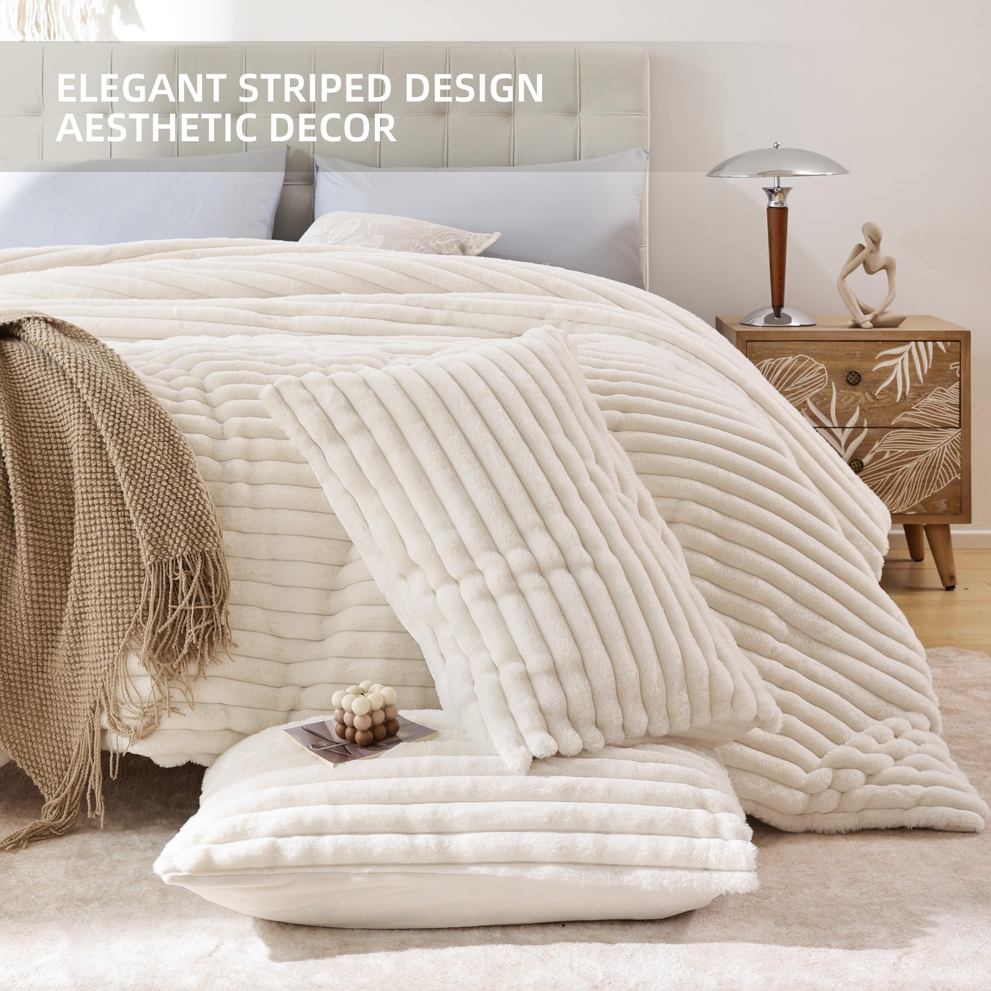 Luxury Fluffy Queen Comforter Set 3-Piece - Cream White Faux Fur Bedding, Ultra Soft & Warm Fleece Blanket for All Seasons, Includes 2 Pillow Shams | Cozy Bedroom Upgrade for Winter Nights & Hotel-Style Comfort