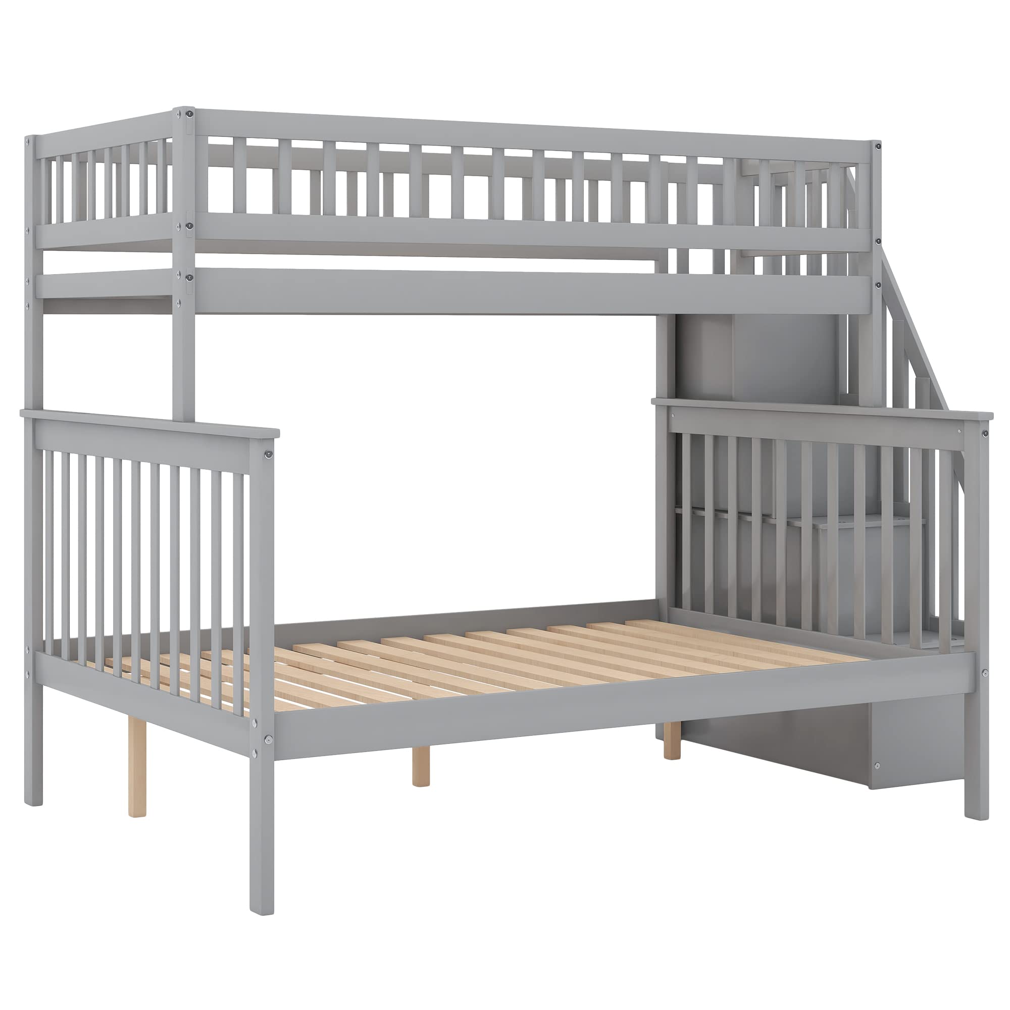 Harper & Bright Designs Twin Over Full Bunk Bed with Stairs - Sturdy Wooden Bunk Bed Frame with Storage Shelves, No Box Spring Needed - Space-Saving Kids & Teens Bedroom Furniture (Grey) - Perfect for Small Rooms, Shared Bedrooms & Vacation Homes