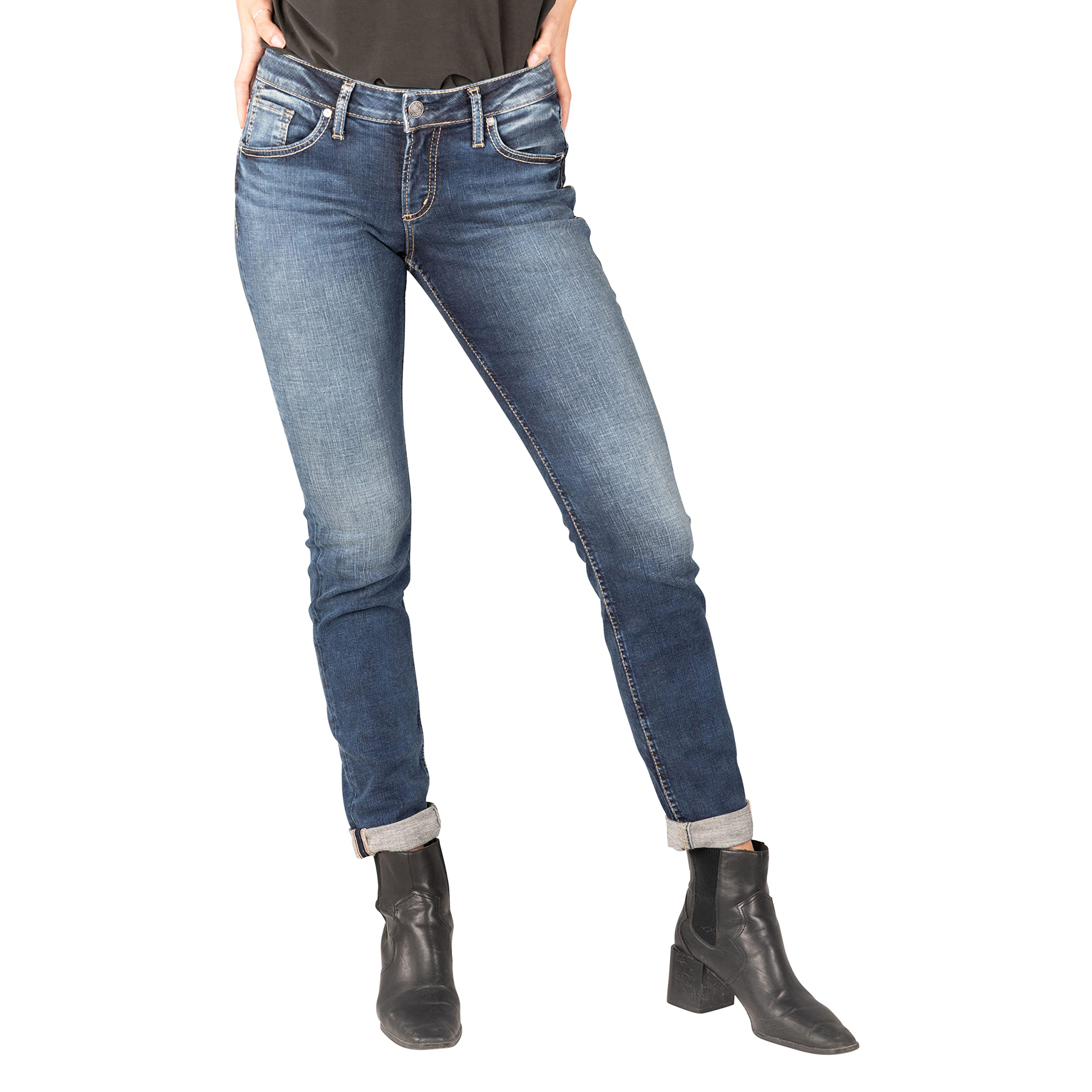 Silver Jeans Co. Women's Boyfriend Mid Rise Slim Leg Jeans - Comfortable Stretch Denim Pants for Casual Wear & Everyday Outfits