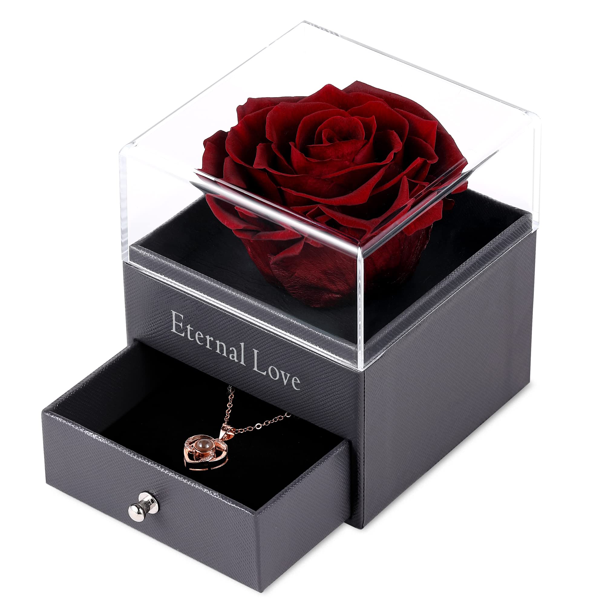 Preserved Real Rose with 'Love You' Necklace - 100 Languages Necklace Gift Set | Handmade Eternal Rose Flower for Girlfriend, Wife, Mom | Valentine's Day, Birthday, Mother's Day Gift | Romantic Home Decor & Anniversary Present