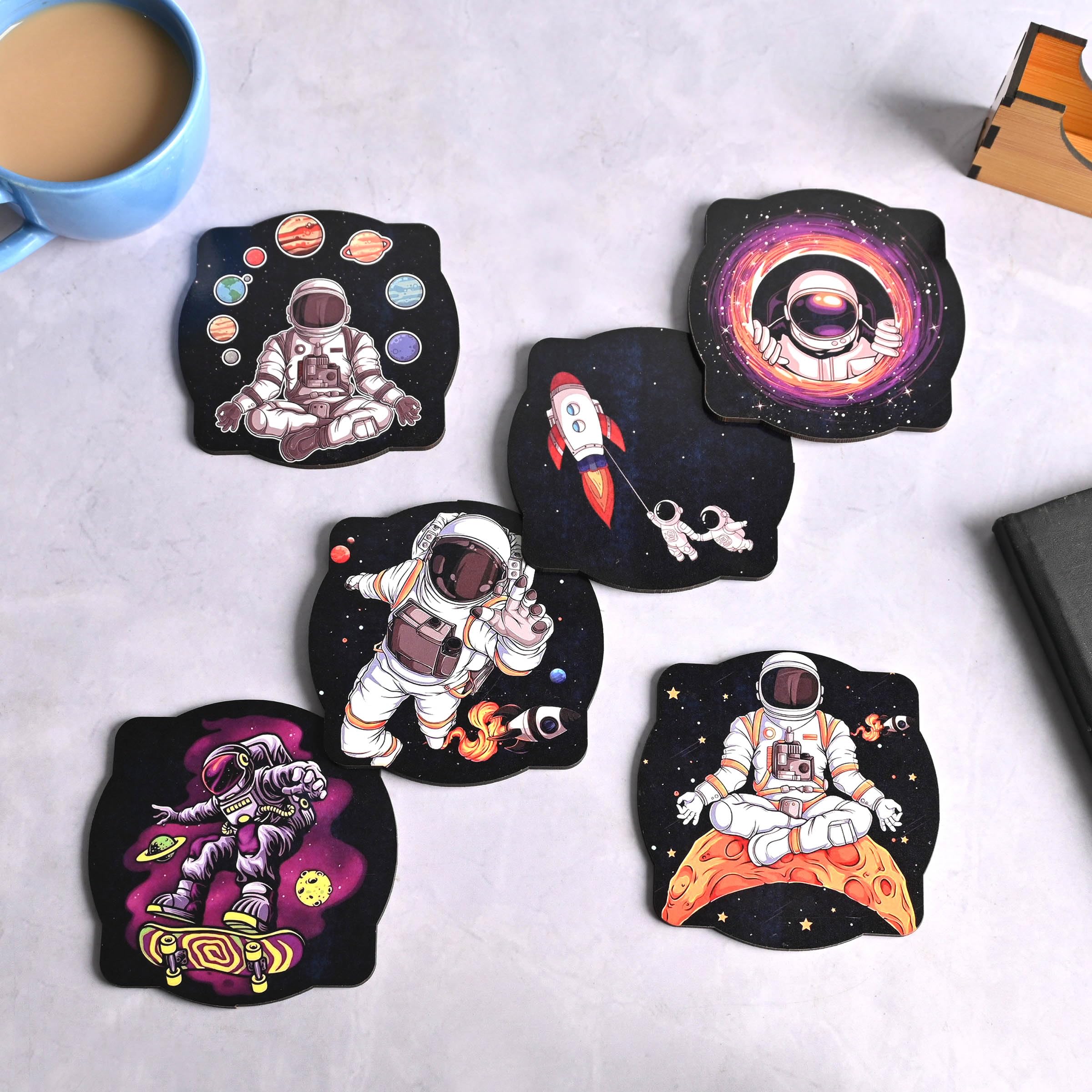 6-Pack Astronaut Theme Wooden Coasters Set - 3.8x3.8 Inch Square Eco-Friendly Drink Coasters for Coffee Mugs, Tea Cups & Glasses - Perfect for Space-Themed Home Decor, Office & Gift Giving