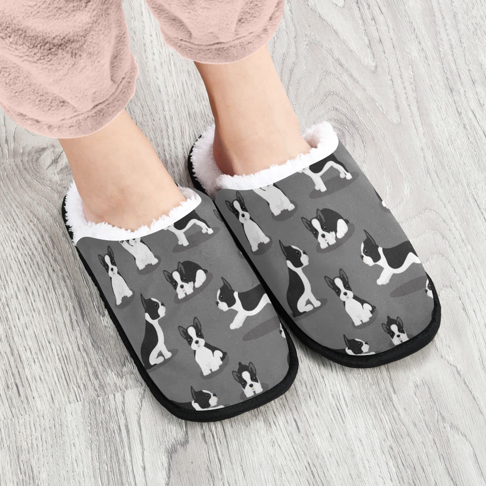 **Boston Terrier Dog Slippers for Women - Memory Foam Indoor/Outdoor House Shoes with Non-Slip Sole - Cozy Winter Bedroom Slippers for Relaxing at Home or Quick Errands**