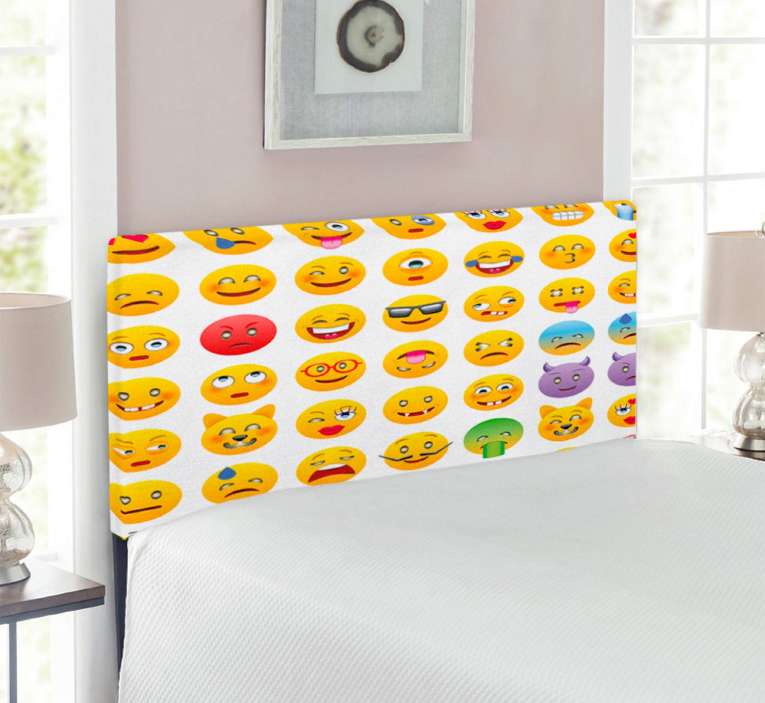 Ambesonne Emoticon Headboard - Cartoon Monster Faces with Happy Sad Angry Expressions, Upholstered Metal Bed Headboard with Memory Foam, Twin Size, Multicolor - Perfect for Kids' Bedrooms, Teen Dorm Decor & Fun Themed Bedrooms