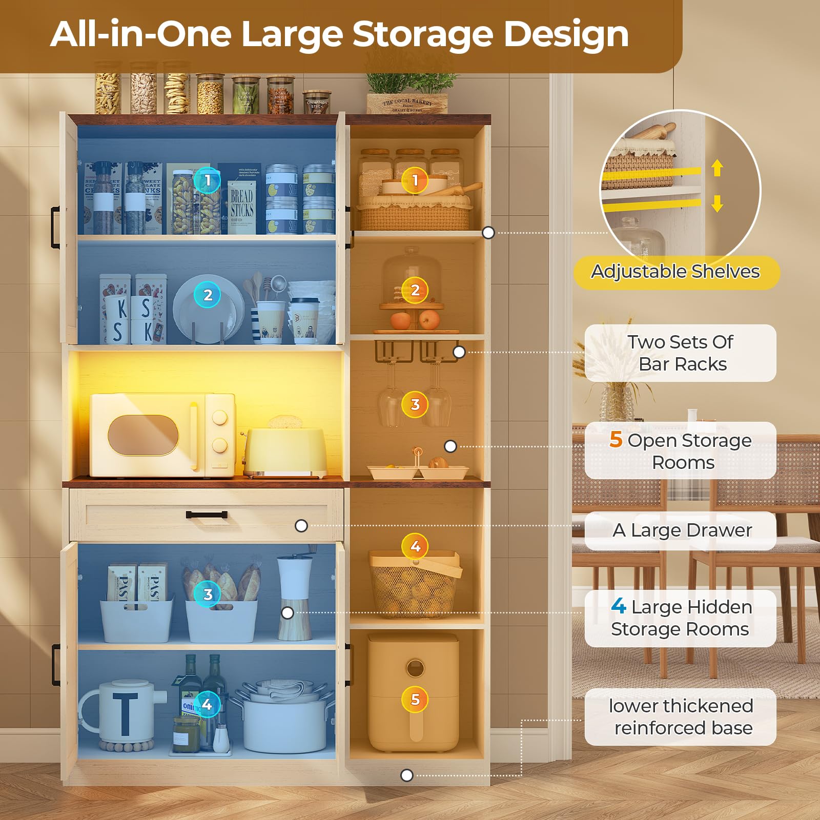 Farmhouse Kitchen Pantry Storage Cabinet with Bar Cabinet, Drawers & Adjustable Shelves - Freestanding Hutch for Kitchen, Dining Room & Living Room - Versatile Home Organization Furniture in Off White - Perfect for Small Spaces, Open Shelving & Rustic Decor