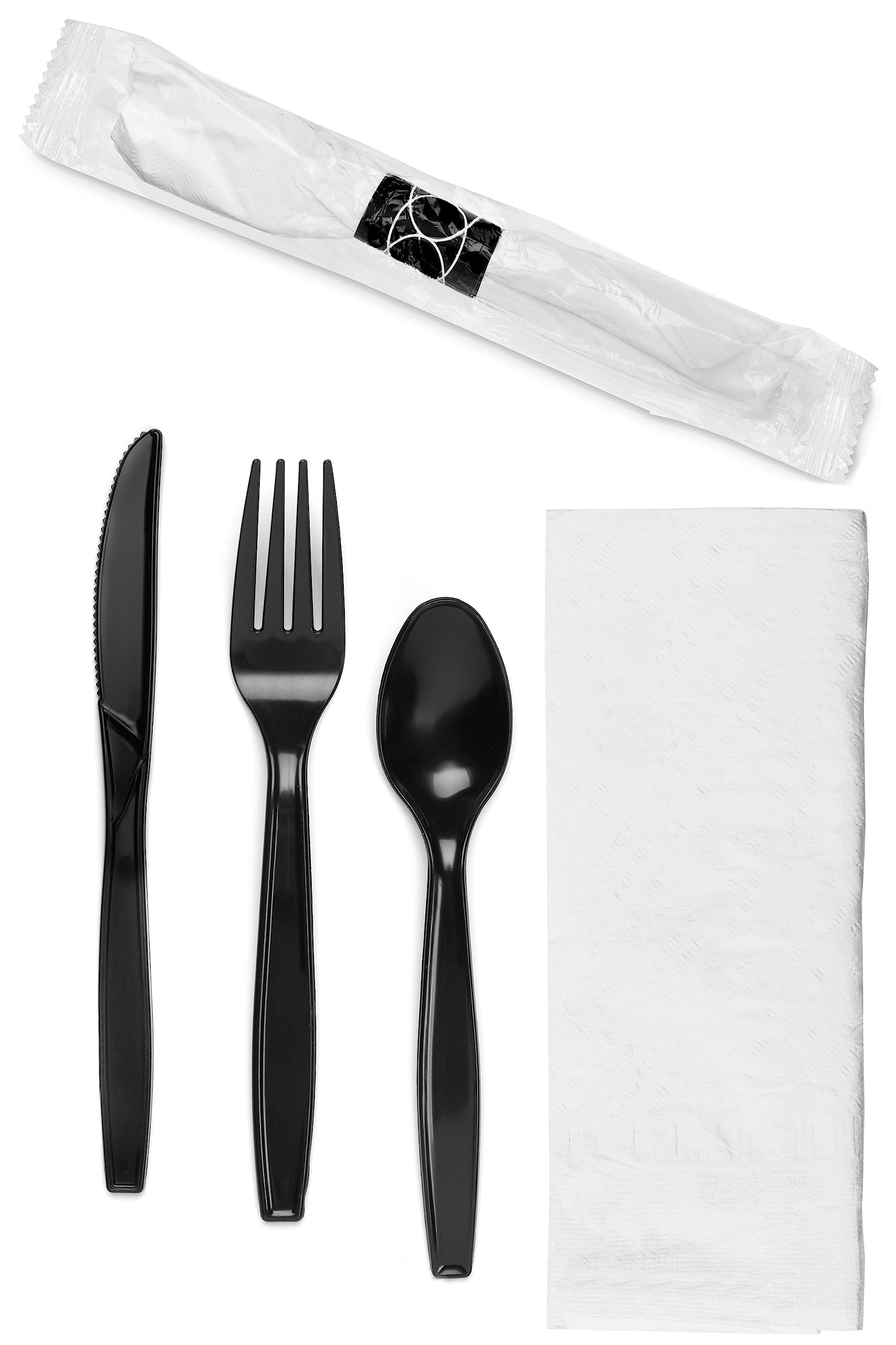 200-Piece Black Pre-Wrapped Disposable Cutlery Set with Napkins - Elegant Plastic Silverware for Parties, Weddings & Catering - Perfect for Events, Picnics & Office Lunches