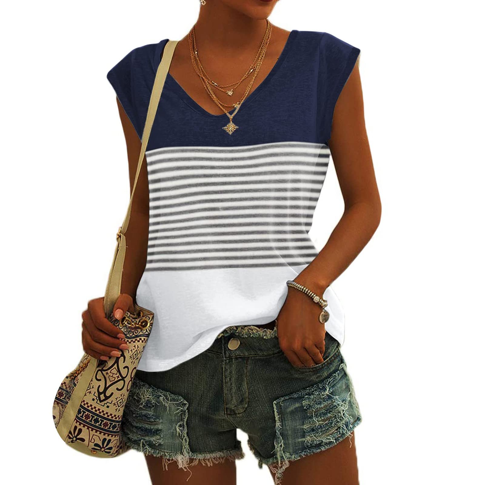 BISXOTY Women's Trendy Cap Sleeve Tank Tops - Solid & Contrast Colors, Loose Fit V-Neck Sleeveless Blouse for Casual Wear, Summer Outfits, and Layering