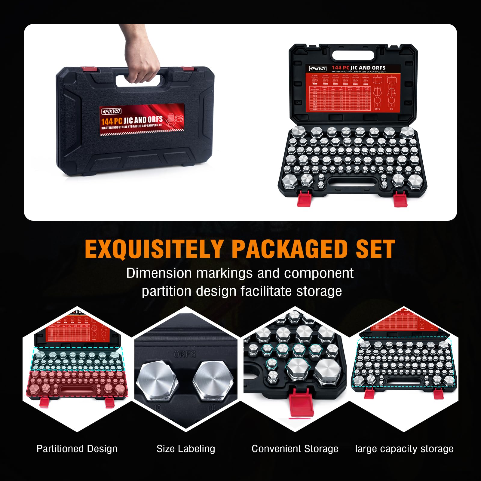 144-Piece JIC & ORFS Hydraulic Cap and Plug Kit - Industrial Hose, Tube & Pipe Fittings - Precision Threaded for ORFS & 37° Dash Sizes (4,6,8,10,12,16) - Ideal for Hydraulic System Maintenance & Fluid Line Protection