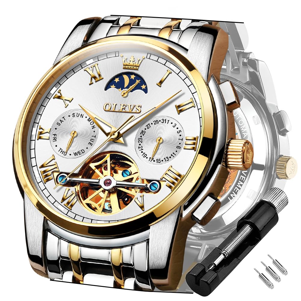 OLEVS Men's Automatic Mechanical Tourbillon Watch - Self-Winding Luxury Stainless Steel Waterproof Wristwatch with Luminous Hands & Date Display - Perfect for Business, Formal Events & Everyday Wear
