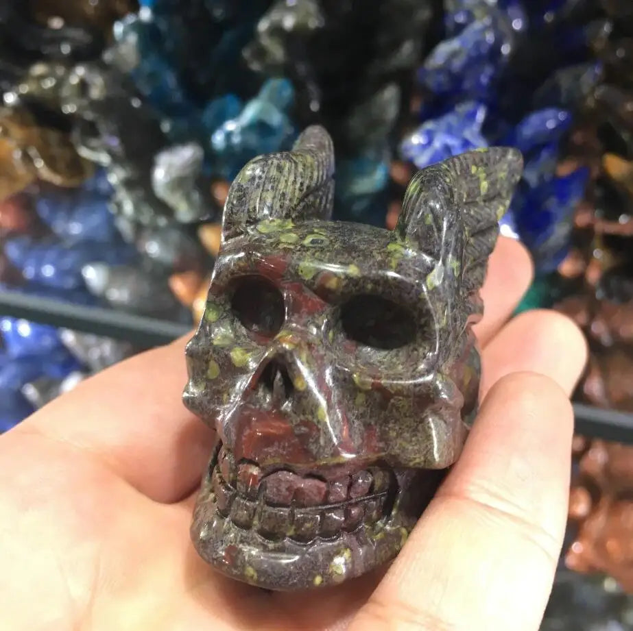 Natural Dragon Blood Stone Crystal Skull - Handcrafted Winged Skull Decor for Home, Office & Meditation - Unique Spiritual Healing Crystal Collection for Gifts & Feng Shui