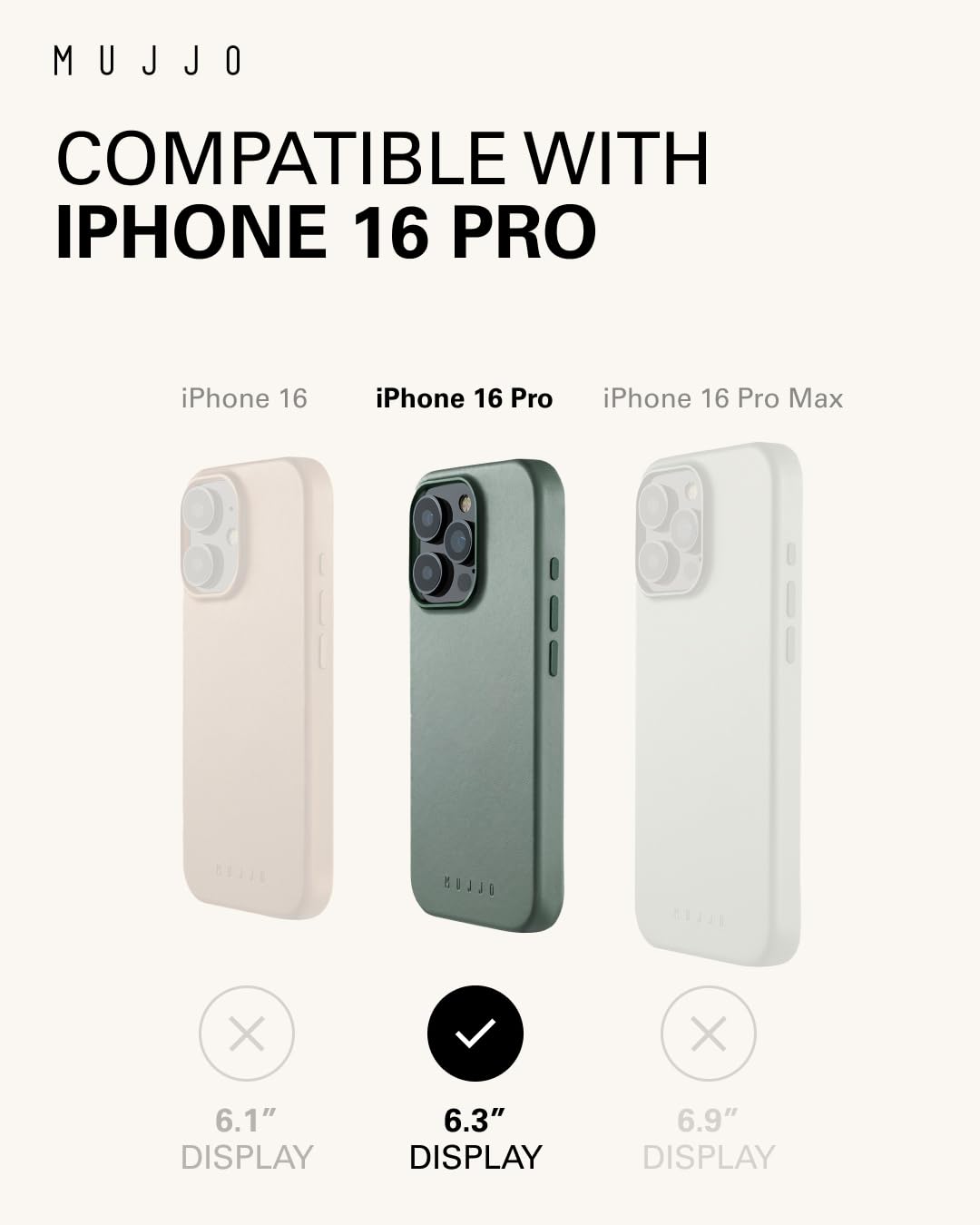 Mujjo Premium European Leather Case for iPhone 16 Pro - MagSafe Compatible, Slim Fit with Enhanced Camera & Phone Protection | Eco-Friendly Recycled Materials | Green Smoke Color | Perfect for Business, Travel & Everyday Use