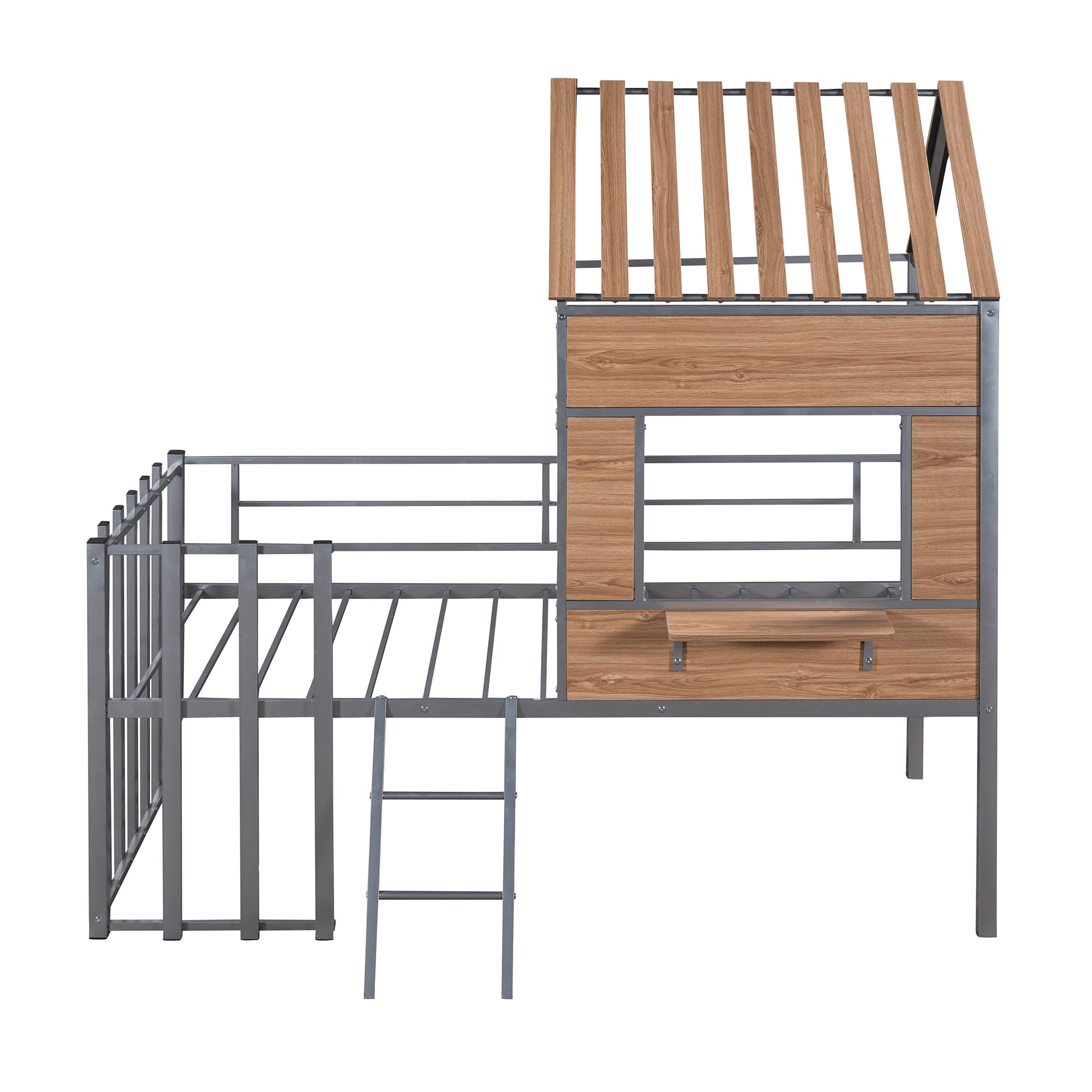 Merax Twin Size Metal Loft Bed for Kids - Sturdy Low Loft Bed Frame with Roof, Window, Safety Guardrail & Ladder - Perfect for Small Bedrooms, Playrooms & Dorm Rooms | Space-Saving Kids Furniture for Sleep & Play