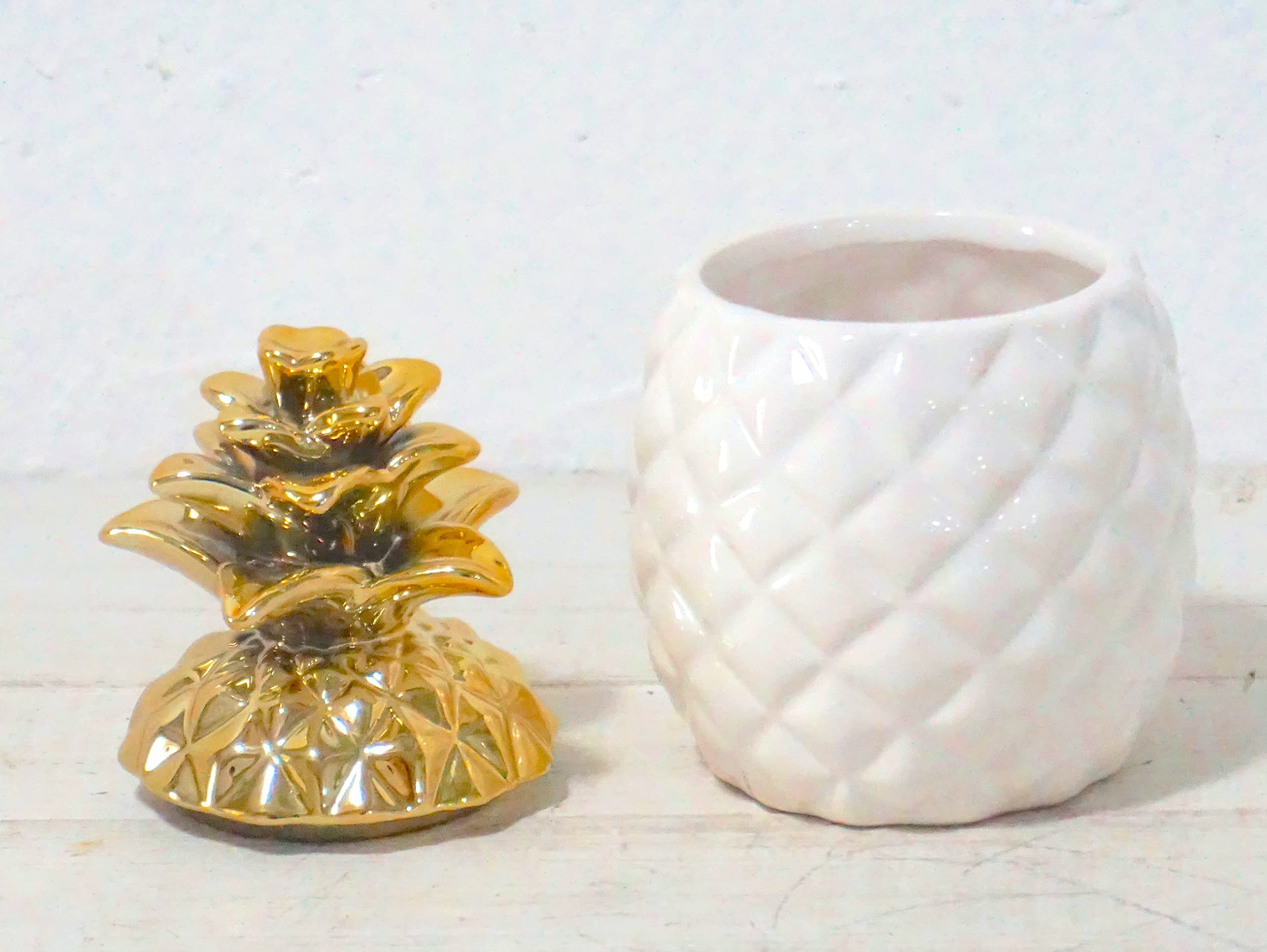 Vibrant Ceramic Pineapple Candy Jar with Lid - Handcrafted Food Storage Container, Aqua Gloss Finish & Gold Metallic Crown - Perfect for Kitchen Countertop, Party Decor, or Gift Giving (White)