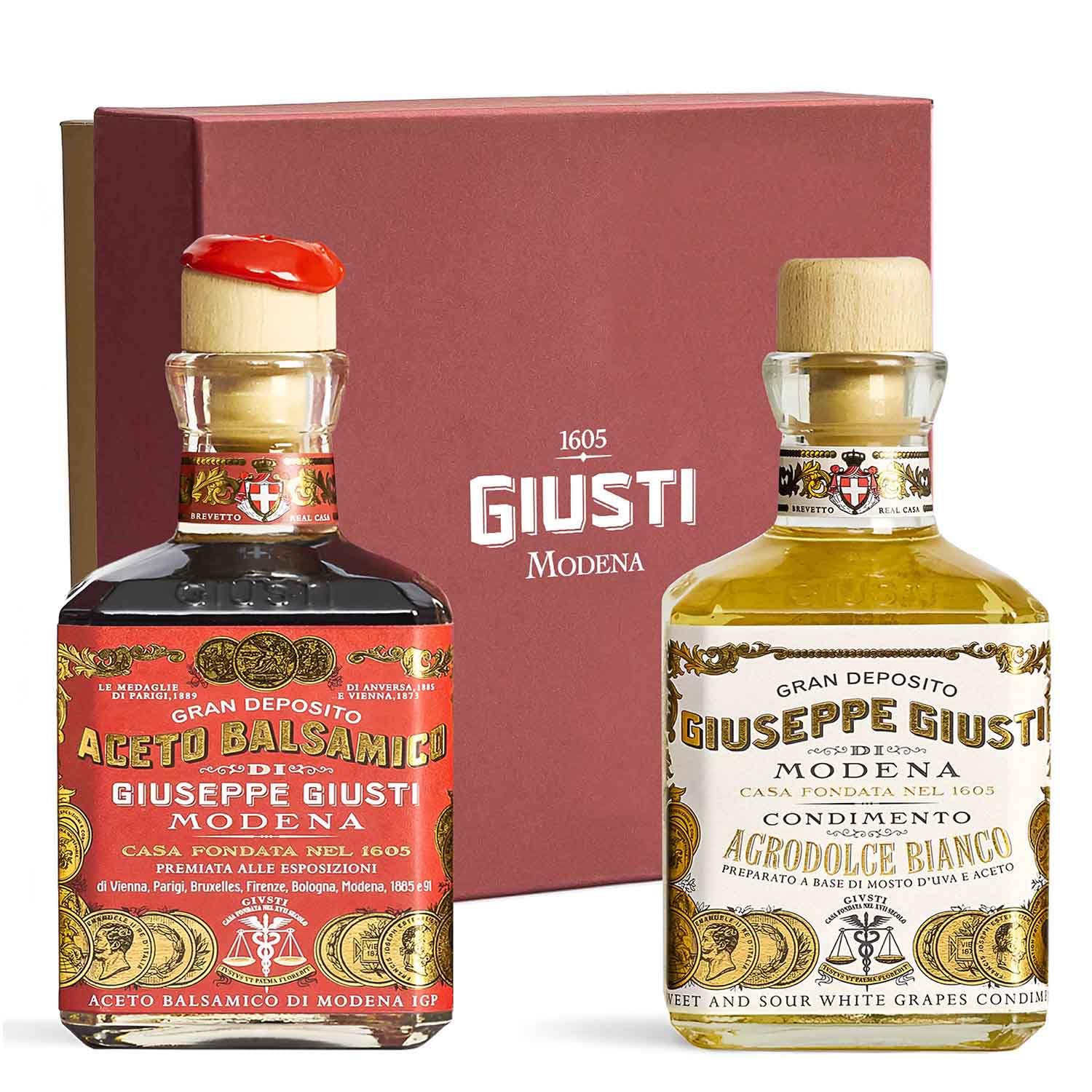 Premium Giuseppe Giusti Balsamic Vinegar of Modena Gift Set - Gran Deposito & White Balsamic Vinegar (2 x 8.45 fl oz) - Authentic Italian Gourmet Condiment in Elegant Gift Box - Perfect for Salads, Cheese Pairing & Gourmet Cooking