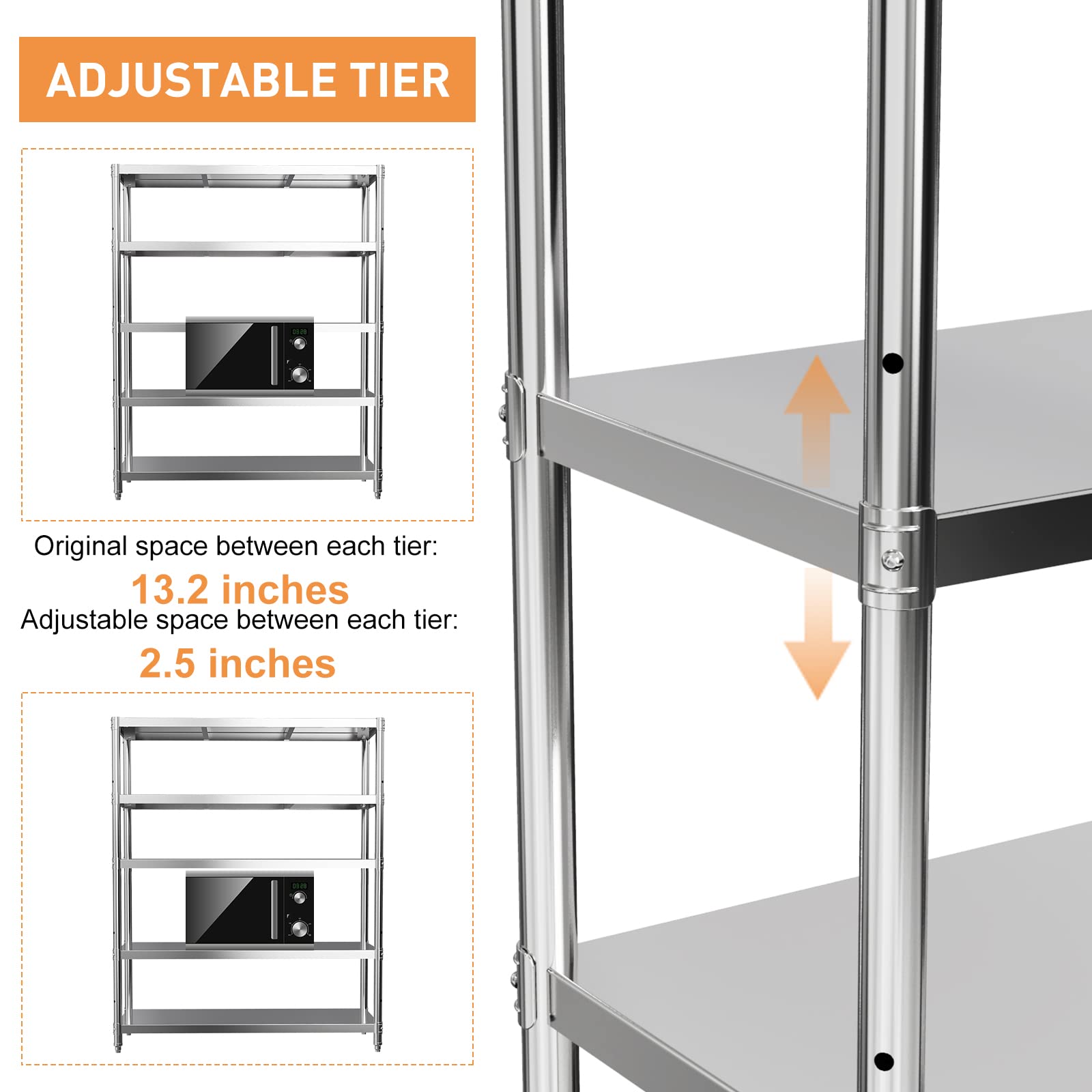 5-Tier Adjustable Stainless Steel Storage Shelf - Heavy Duty Metal Shelving Unit for Kitchen, Office, Garage - 47
