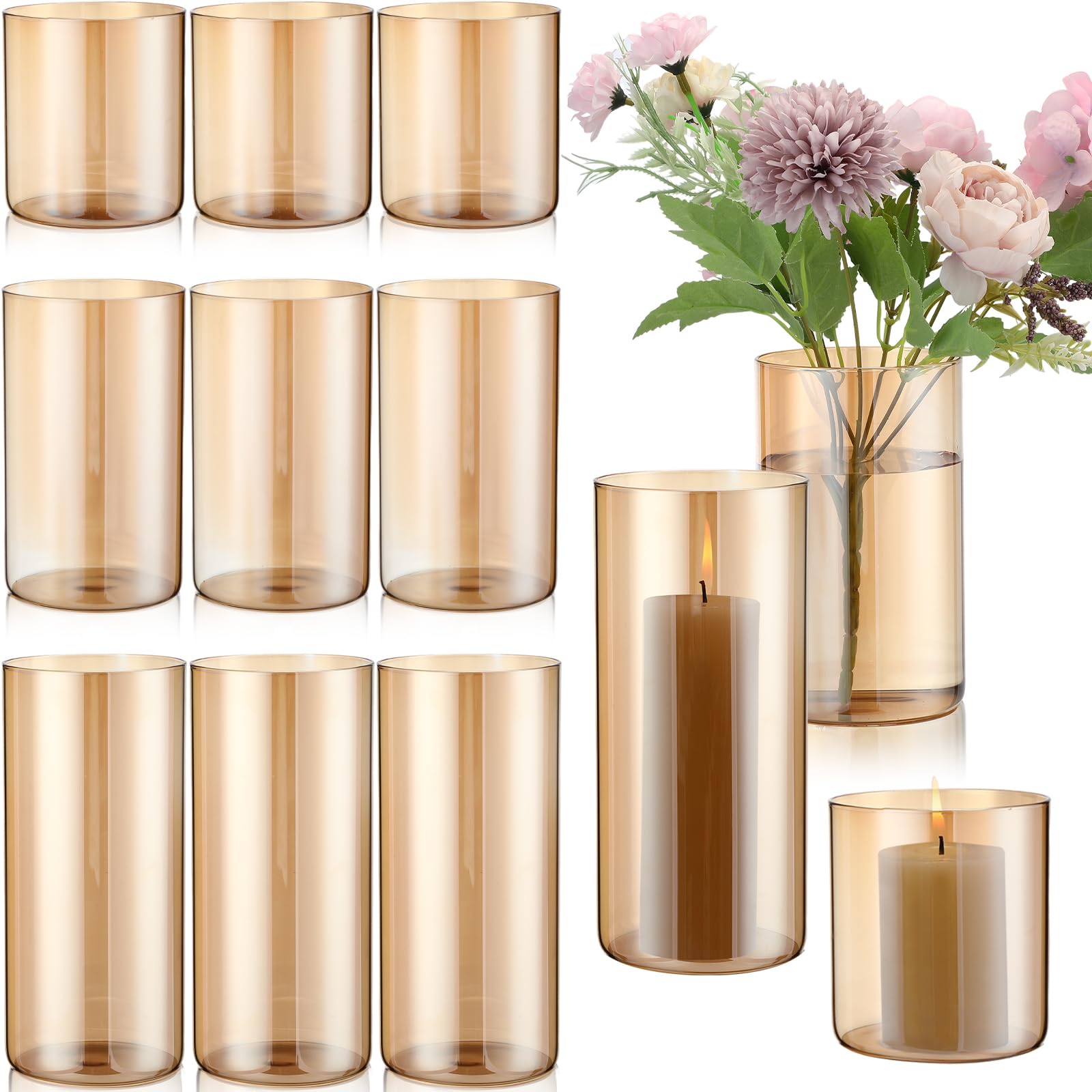 Dark Brown Glass Hurricane Cylinder Vases - 12-Piece Set of 3 Sizes for Pillar Candles, Floral Arrangements, Wedding Centerpieces & Home Decor - Perfect for Dining Table, Party Decorations & Kitchen Accents