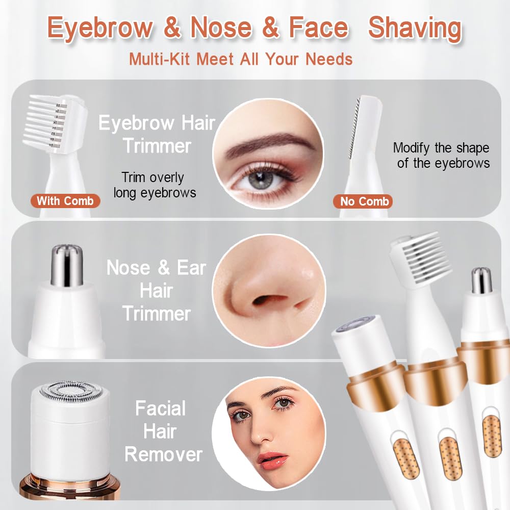 Electric Lady Shaver 4-in-1 Rechargeable Women's Shaving Kit - Bikini Trimmer, Facial Hair Remover, Eyebrow & Nose Trimmer - Wet & Dry Use with Easy Cleaning (WhiteGold) - Perfect for Travel, Gym & Home Grooming