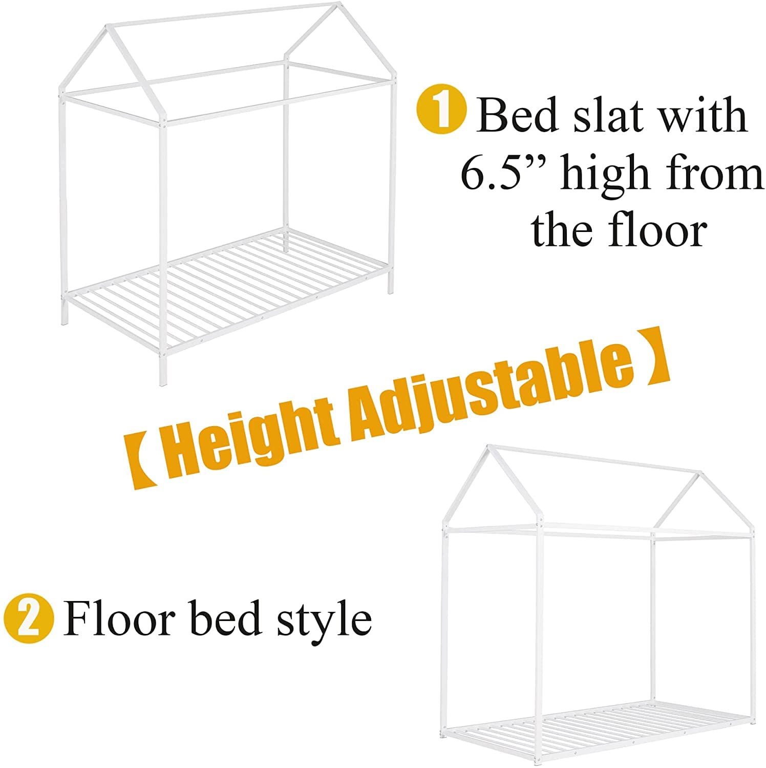 Montessori Twin Metal House Bed for Kids - White Floor Bed Frame with Roof for Boys & Girls - No Box Spring Needed - Perfect for Children's Bedroom & Playroom Decor