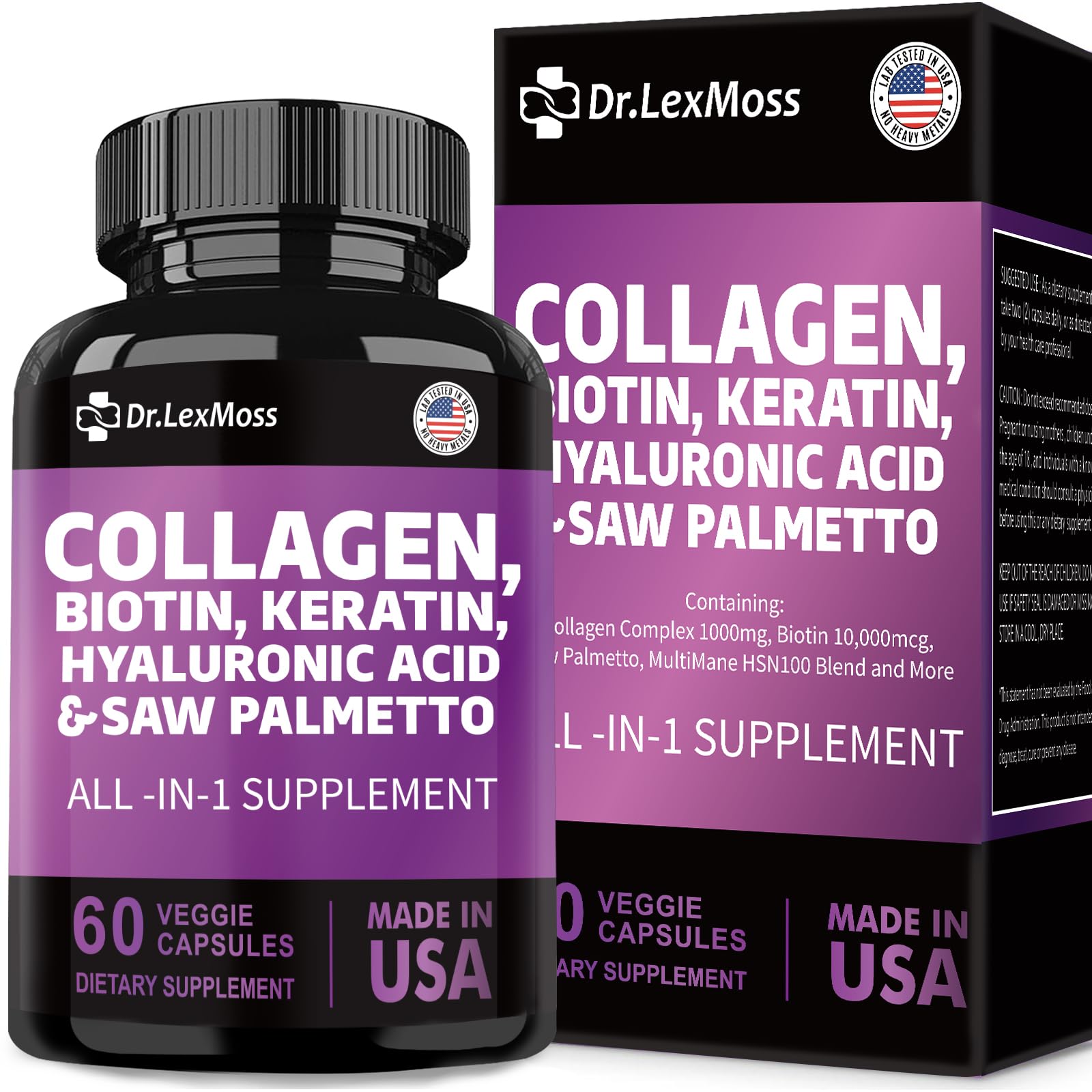 Premium Hair Skin & Nails Supplement with Collagen, Biotin, Keratin & Hyaluronic Acid - Vitamin E, Folic Acid, DHT Blocker & Pumpkin Seed for Men & Women - 60 Capsules for Stronger Hair & Healthier Skin