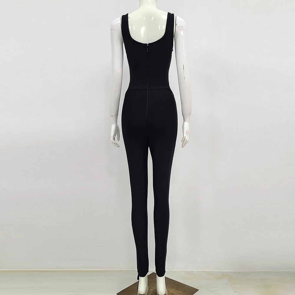 Black & White Sleeveless Rayon Bandage Jumpsuit for Women - Sexy Bodycon Cocktail Party Dress, Clubwear, Night Out Outfit, Summer Fashion