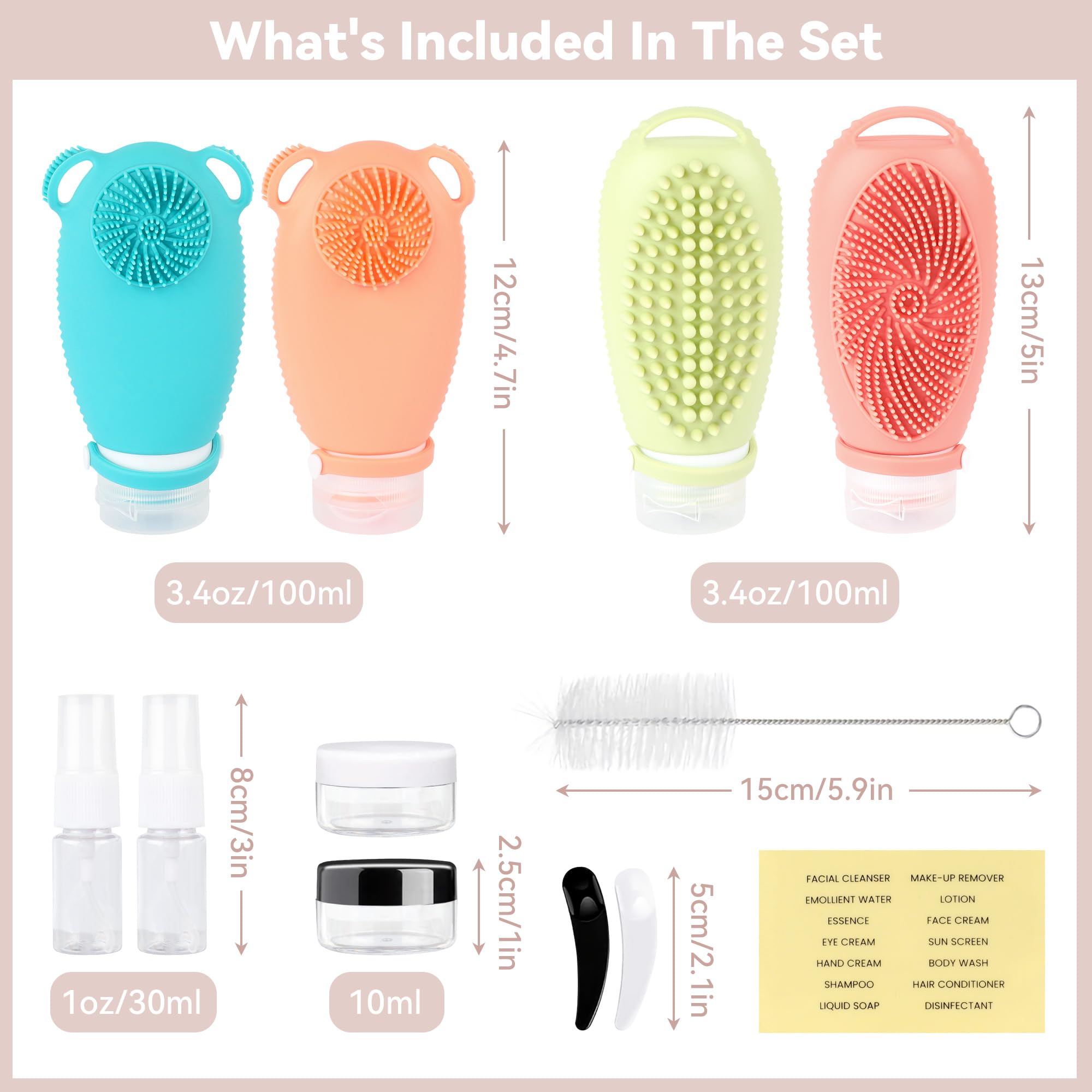 12PC Silicone Travel Bottles Set - TSA Approved Leakproof Toiletries Containers for Shampoo, Face Wash & Bath Essentials | Portable Squeeze Bottles with Massage Function for Vacation, Gym & Camping
