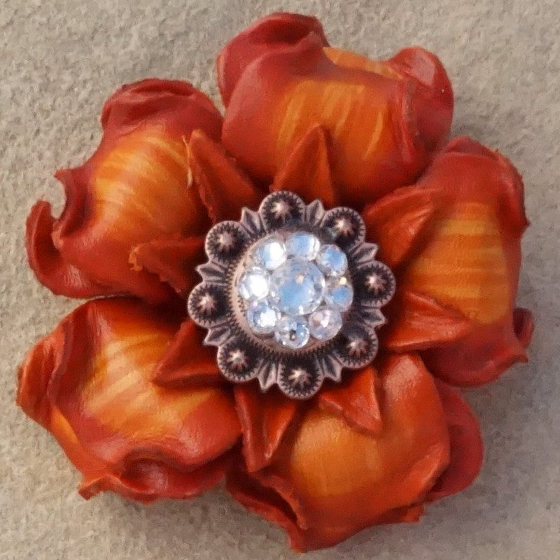 Orange Gardenia Leather Flowers with 1 Crystal Concho - Handmade Floral Decor for Home, Wedding, and Party Centerpieces