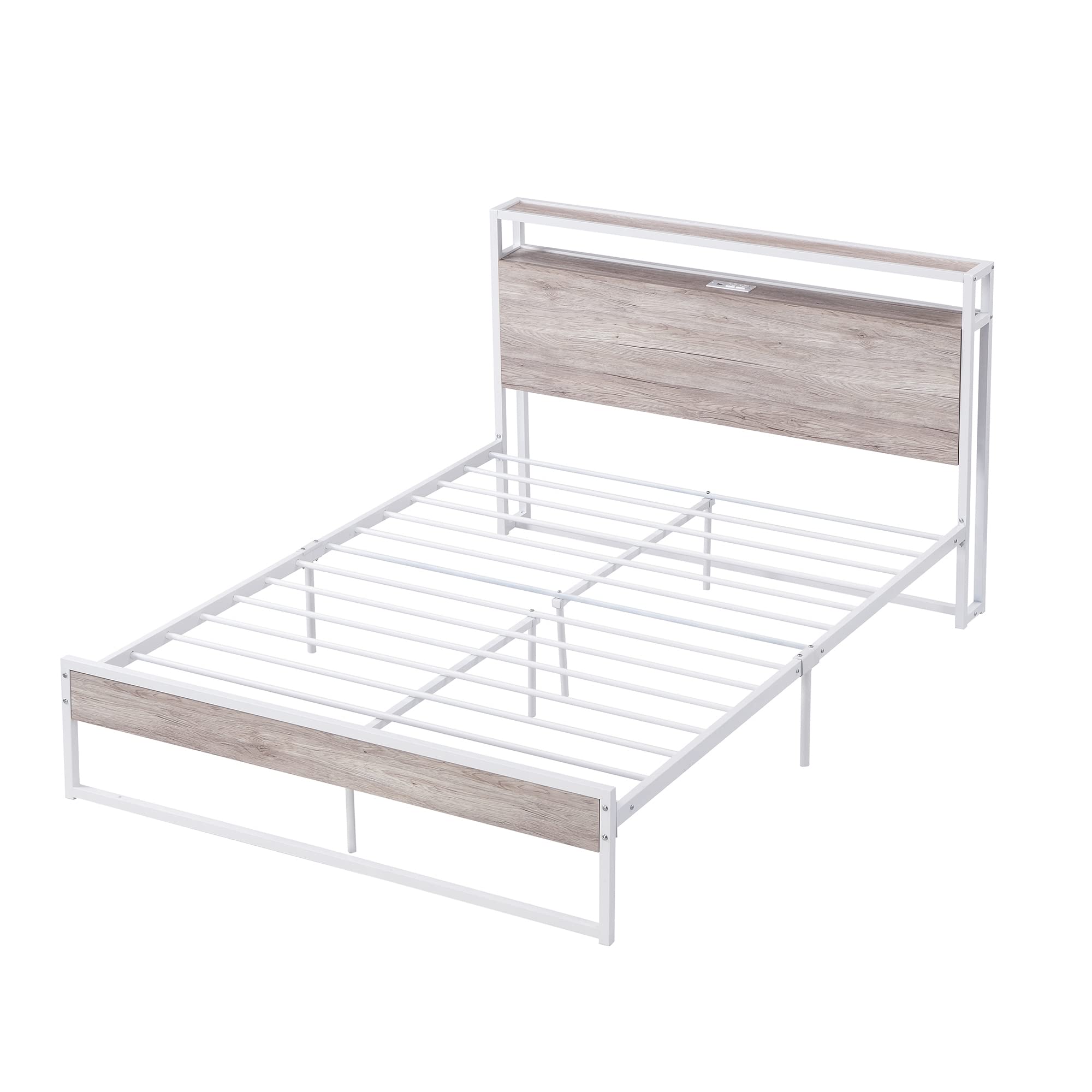 Full Size Platform Bed Frame with USB Ports & Outlets - Modern Metal Bed with Storage Drawers, Sturdy Slat Support & Center Legs - No Box Spring Needed (White) - Perfect for Small Spaces, Apartments & Modern Bedrooms