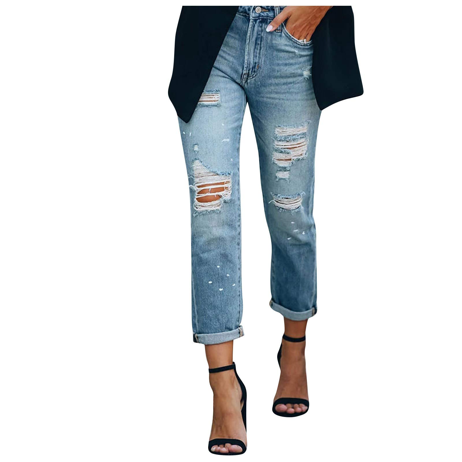 Women's Low Waist Flare Jeans with Solid Color & Distressed Holes - Trendy Ankle-Length Fashion Pants for Casual Outfits & Street Style