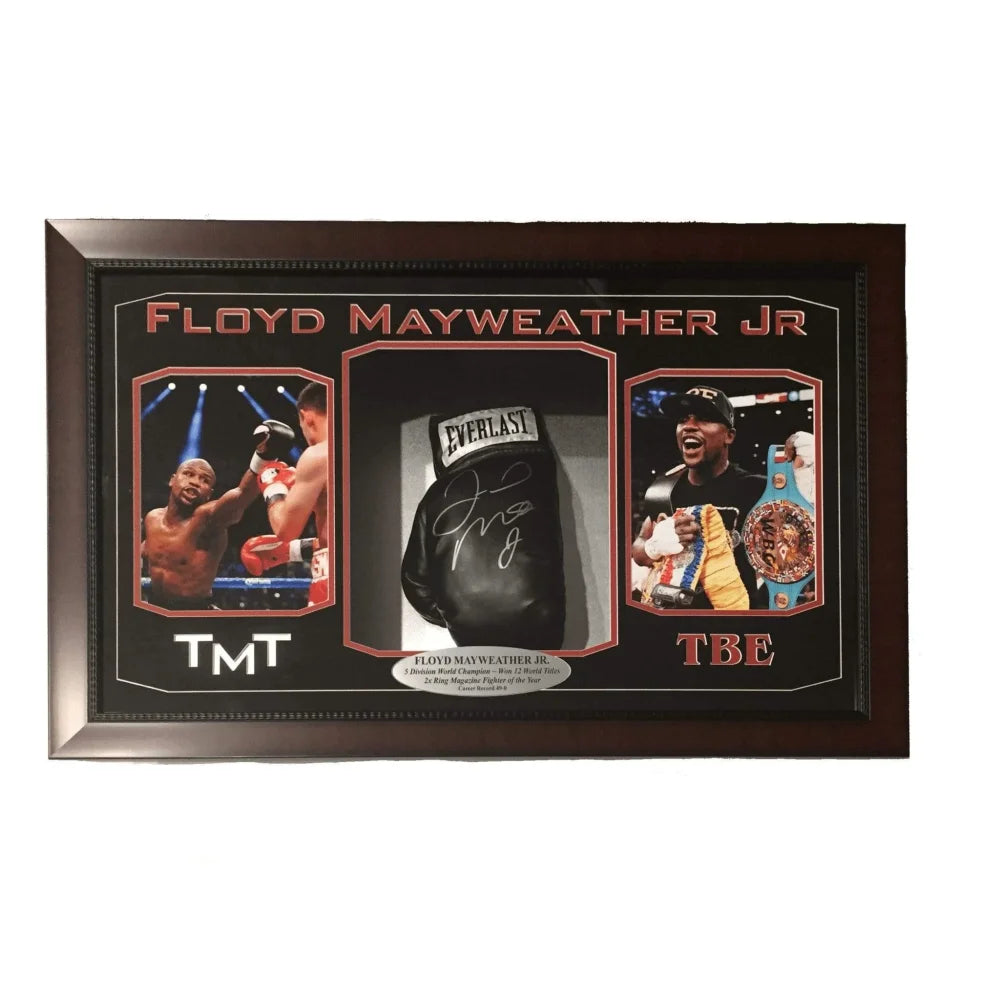 Floyd Mayweather Jr. Signed Boxing Glove with JSA COA - Authentic Memorabilia in Framed Money Collage Display - Perfect for Sports Collectors & Boxing Fans
