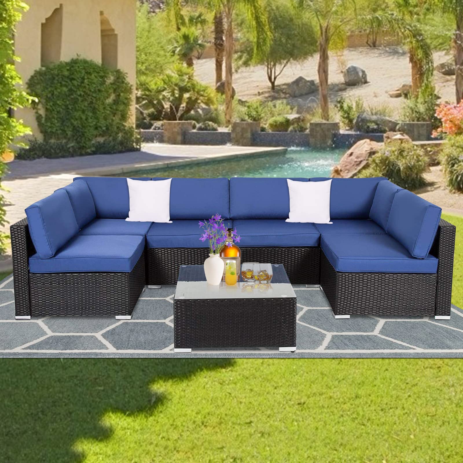 Kinbor All-Weather Black Rattan Patio Furniture Set - 7-Piece Outdoor Sectional Sofa with Cushions, Wicker Conversation Set for Backyard, Garden & Poolside Relaxation