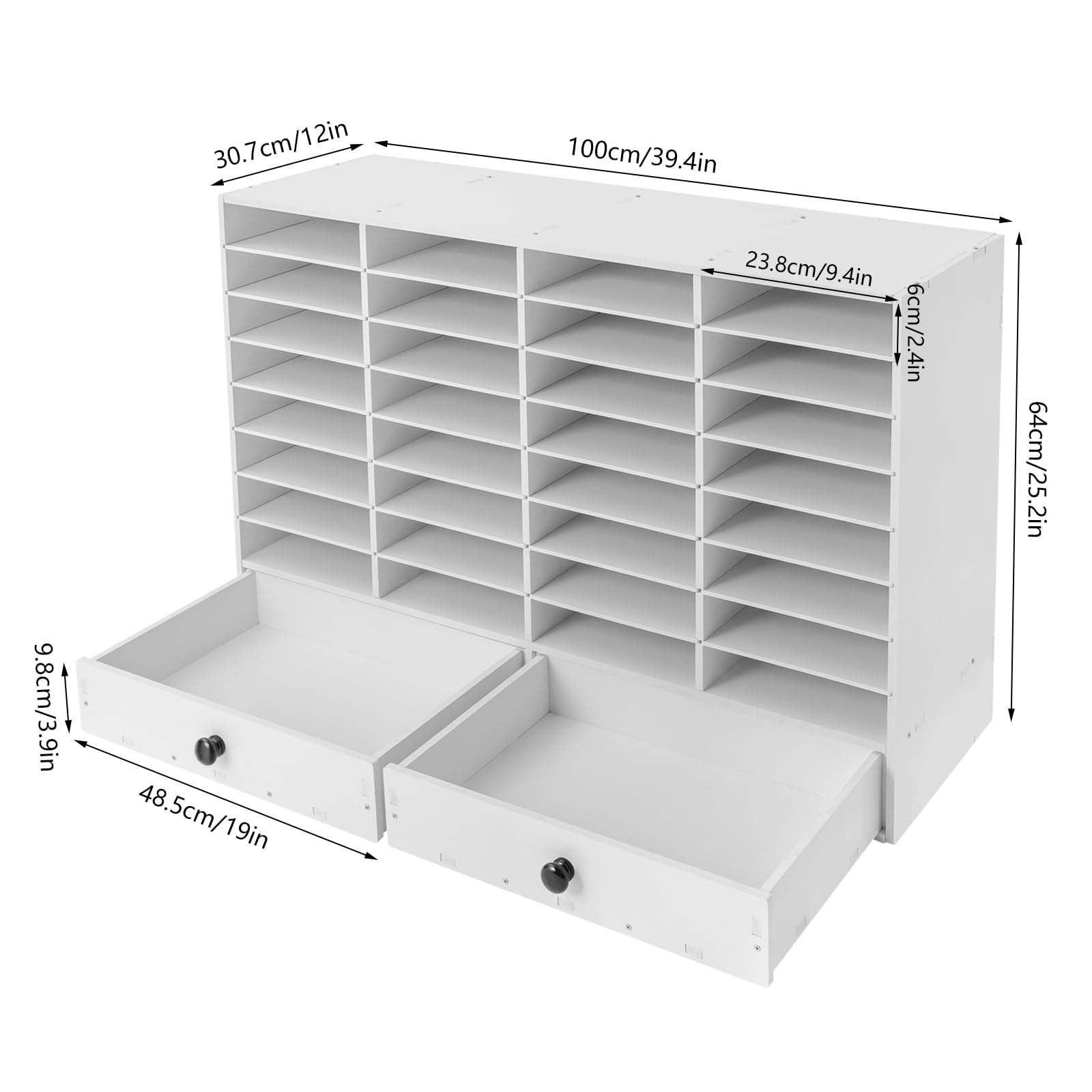 32-Compartment Desktop Literature Organizer with 2 Drawers - Mail Sorter, File Cabinet & Paper Storage System for Office, School & Home - Perfect for Organizing Documents, Letters & Office Supplies (White)