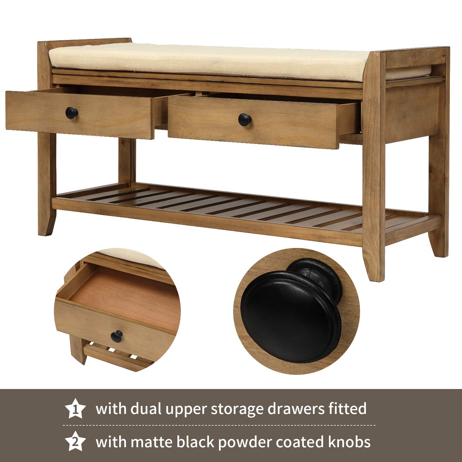 Danxee Shoe Storage Bench with Cushioned Seat - Entryway Organizer with 2 Drawers & Shelves - Multifunctional Foot Stool, Bed Bench - Perfect for Hallway, Bedroom & Closet Organization (Old Pine)